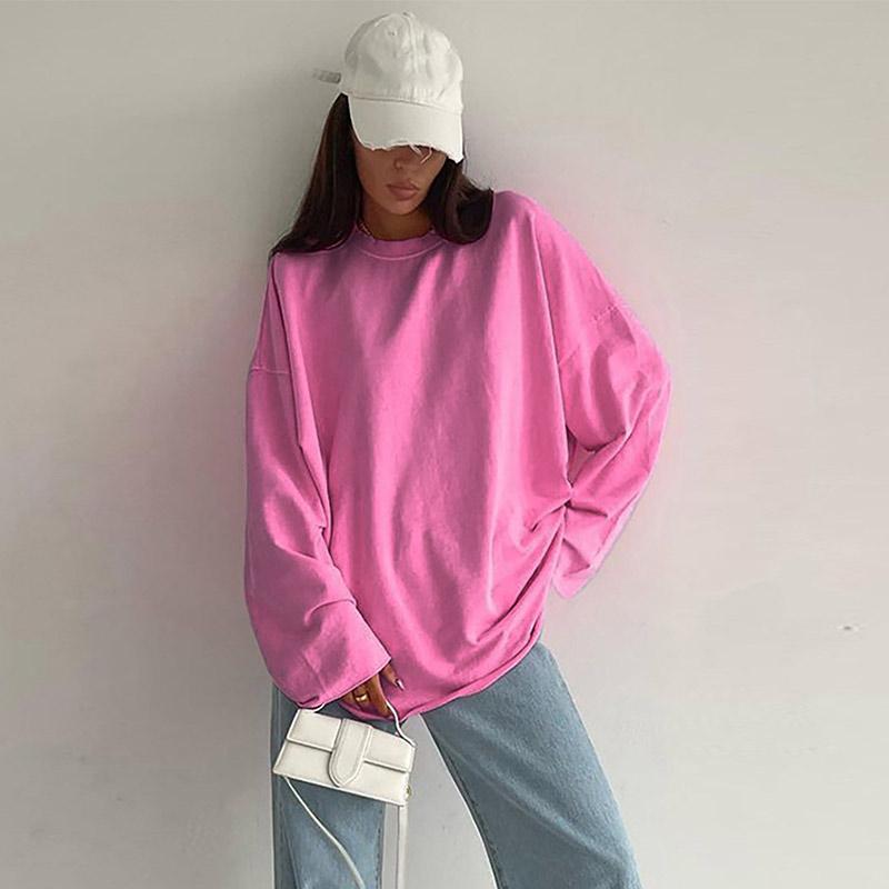 Women Autumn Casual Fashionable Solid T-Shirts Round Neck Long Sleeve Elastic Pullover Loose Street Style Tops