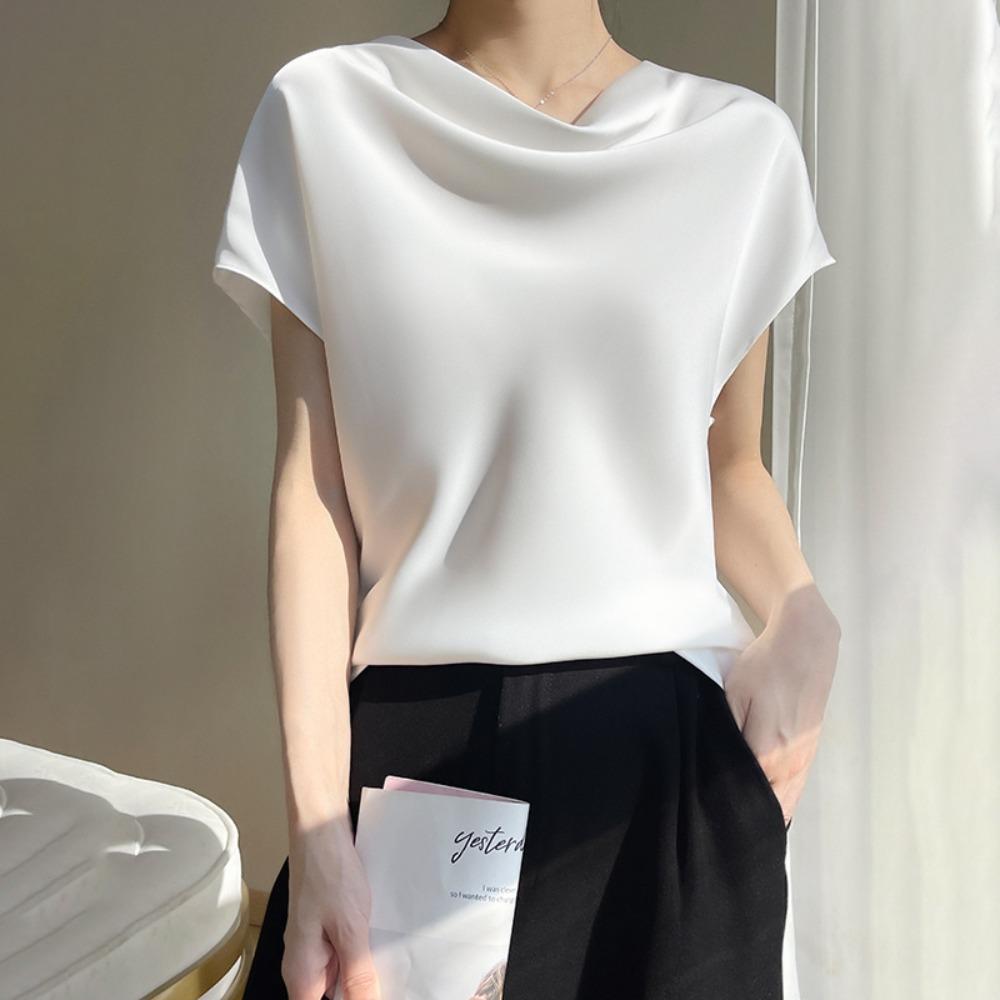 Top Corto da Donna in Seta Raso Primavera Estate, T-shirt Elegante Semplice a Manica Corta con Colletto alla Francese, Blusa Casual Taglie Forti