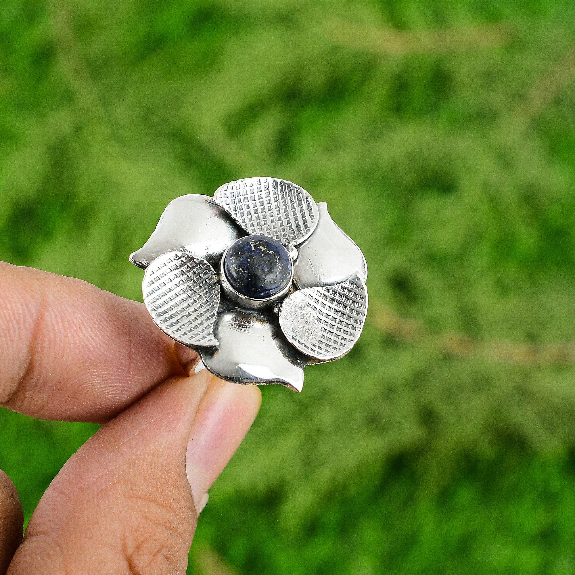 Natural Lapis Lazuli 925 Silver Solitaire Flower Adjustable Ring For Women