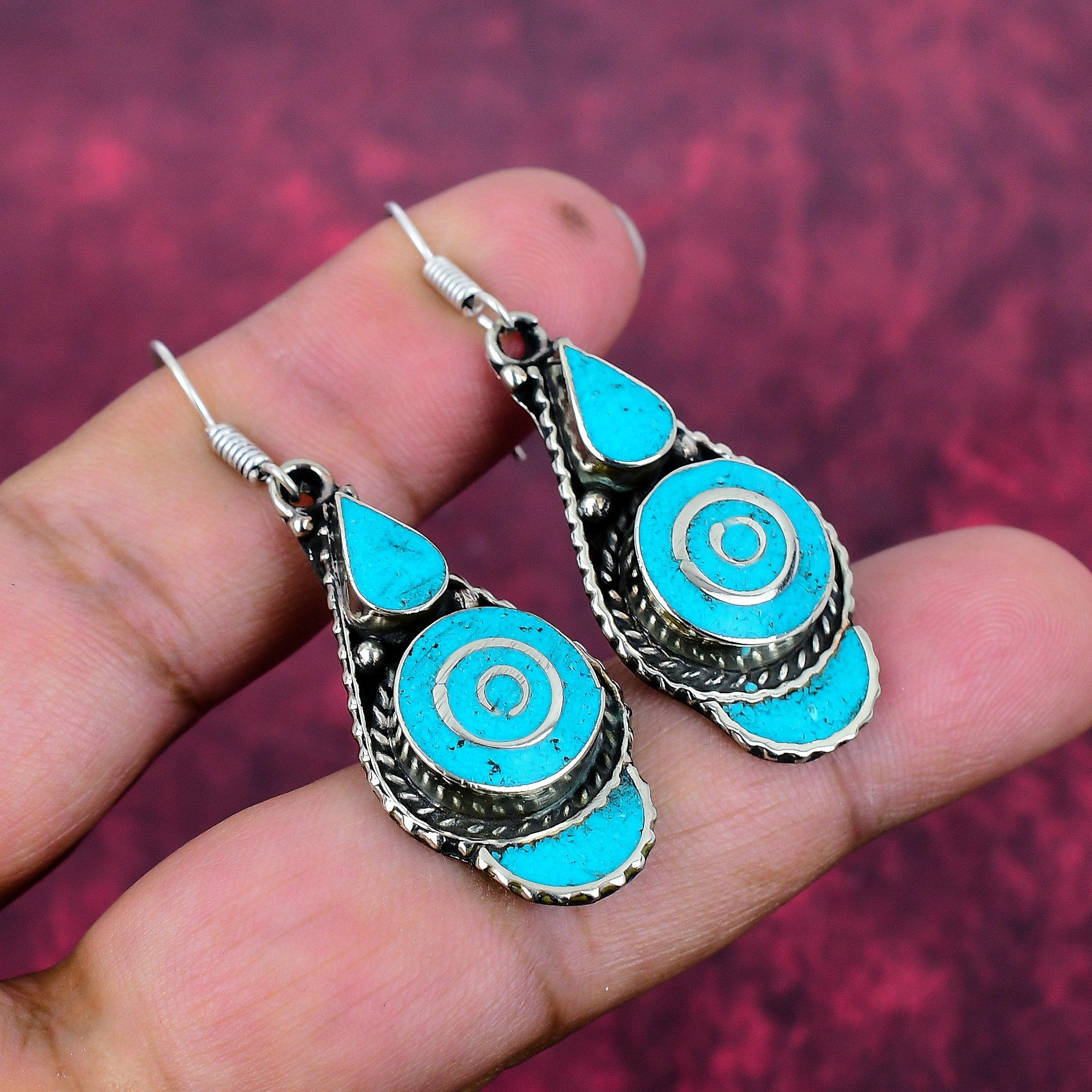 Turquoise Earrings, 925 Solid Sterling Silver Gemstone Jewelry, Handmade Nepali Earrings, For Thanksgiving