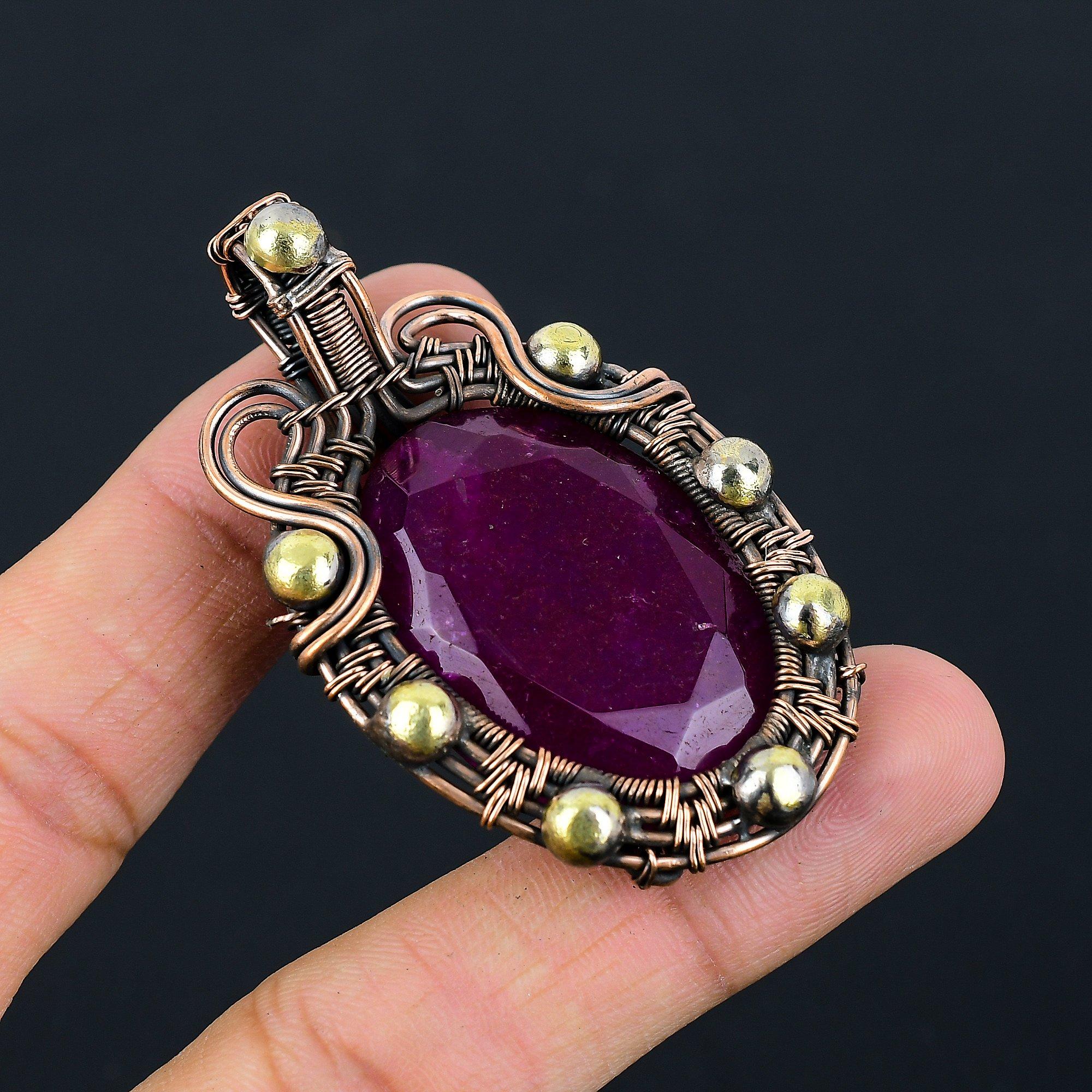 Lab-Created Ruby Gemstone Pure Copper Wire Wrapped Handmade Pendant Jewelry