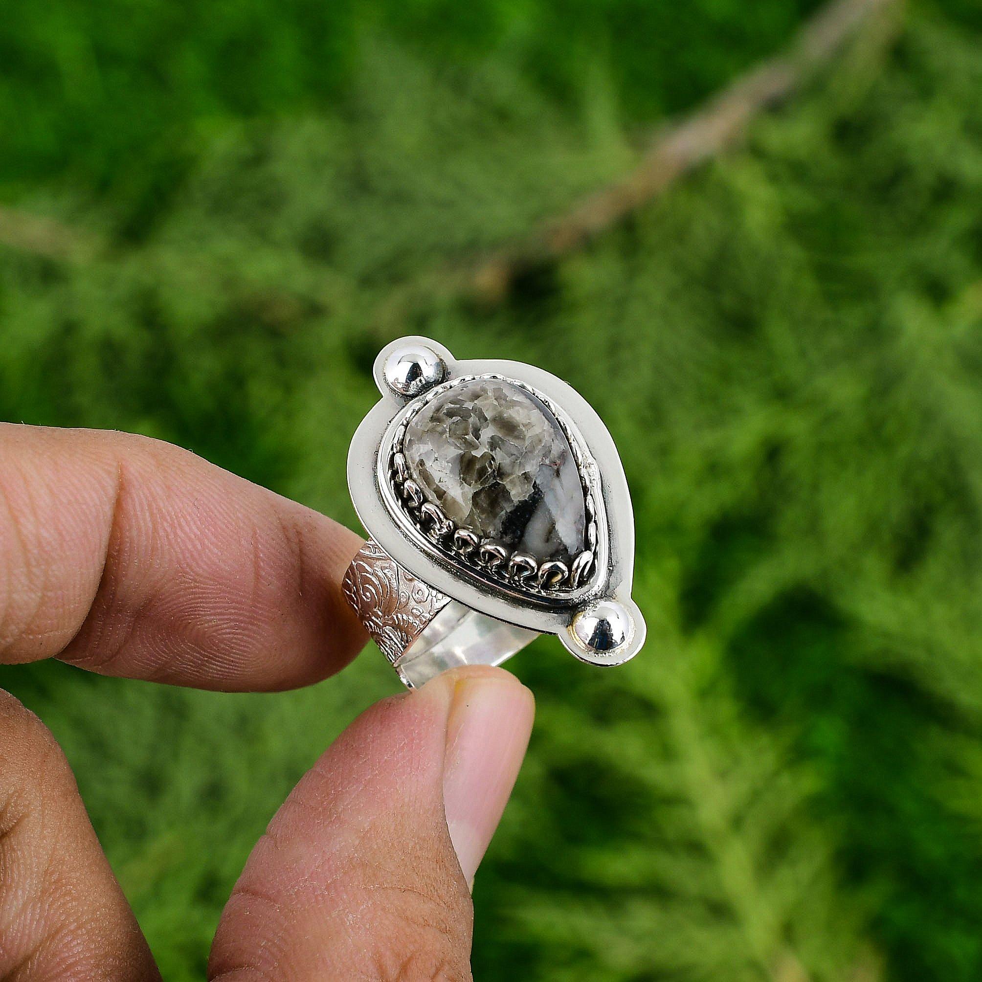 Natural Orthoceras Fossil Multi Stone Adjustable Ring 925 Silver For Women