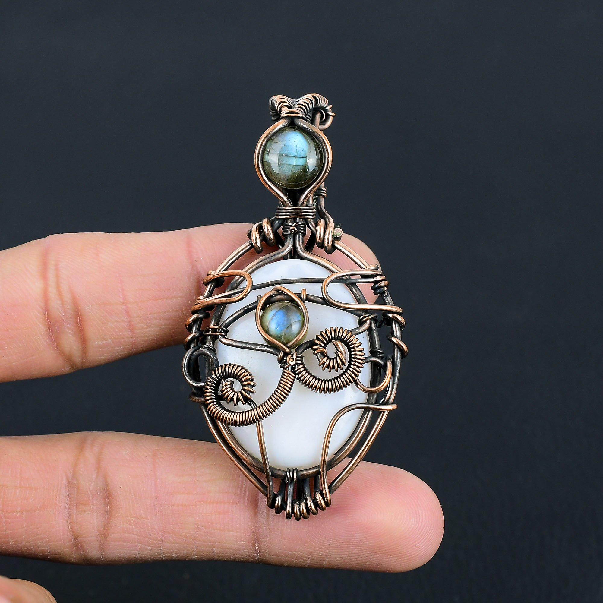 Moonstone & Labradorite Gemstone Handmade Pure Copper Wire Wrap Jewelry Pendant
