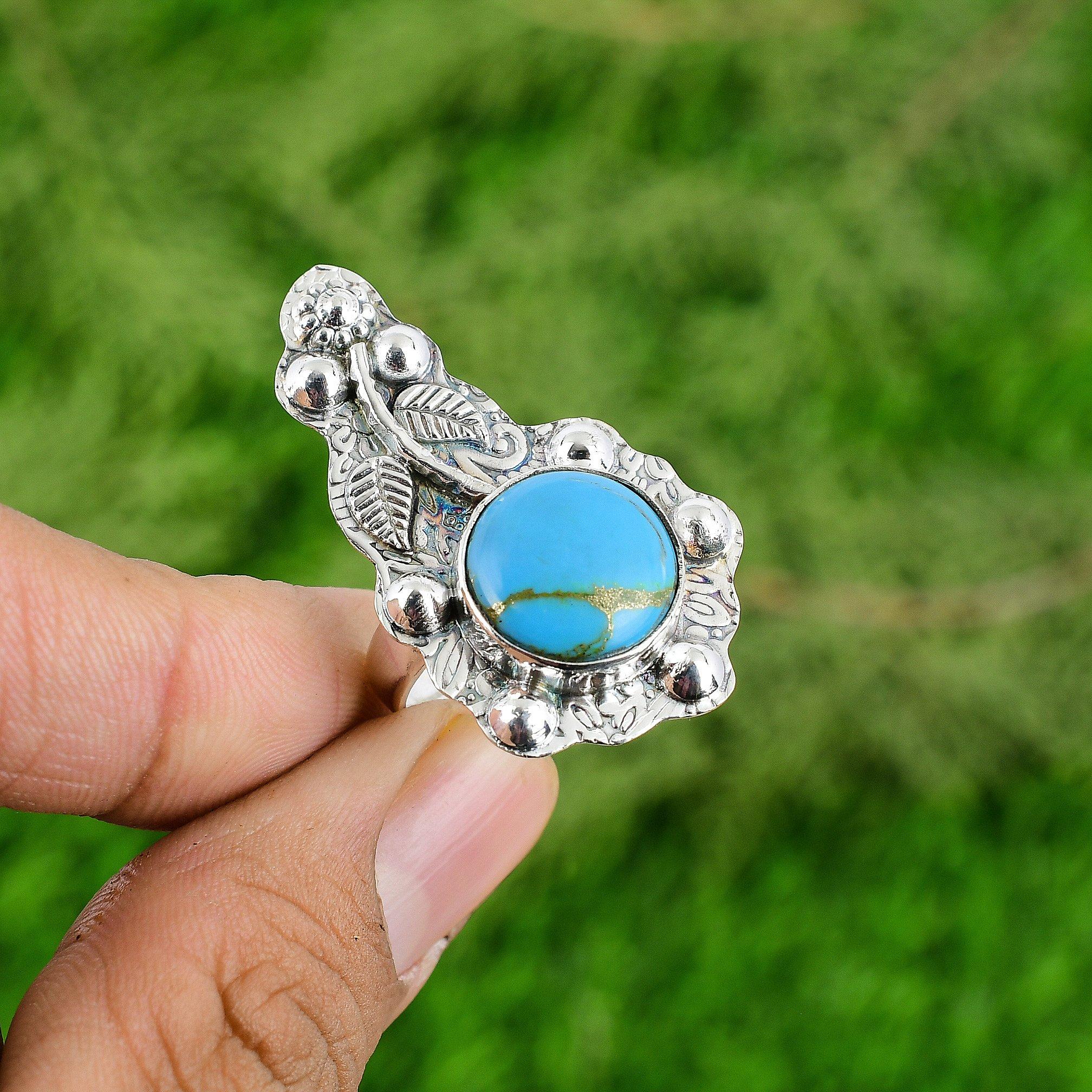 Natural Copper Arizona Turquoise 925 Silver Flower Adjustable Ring For Women