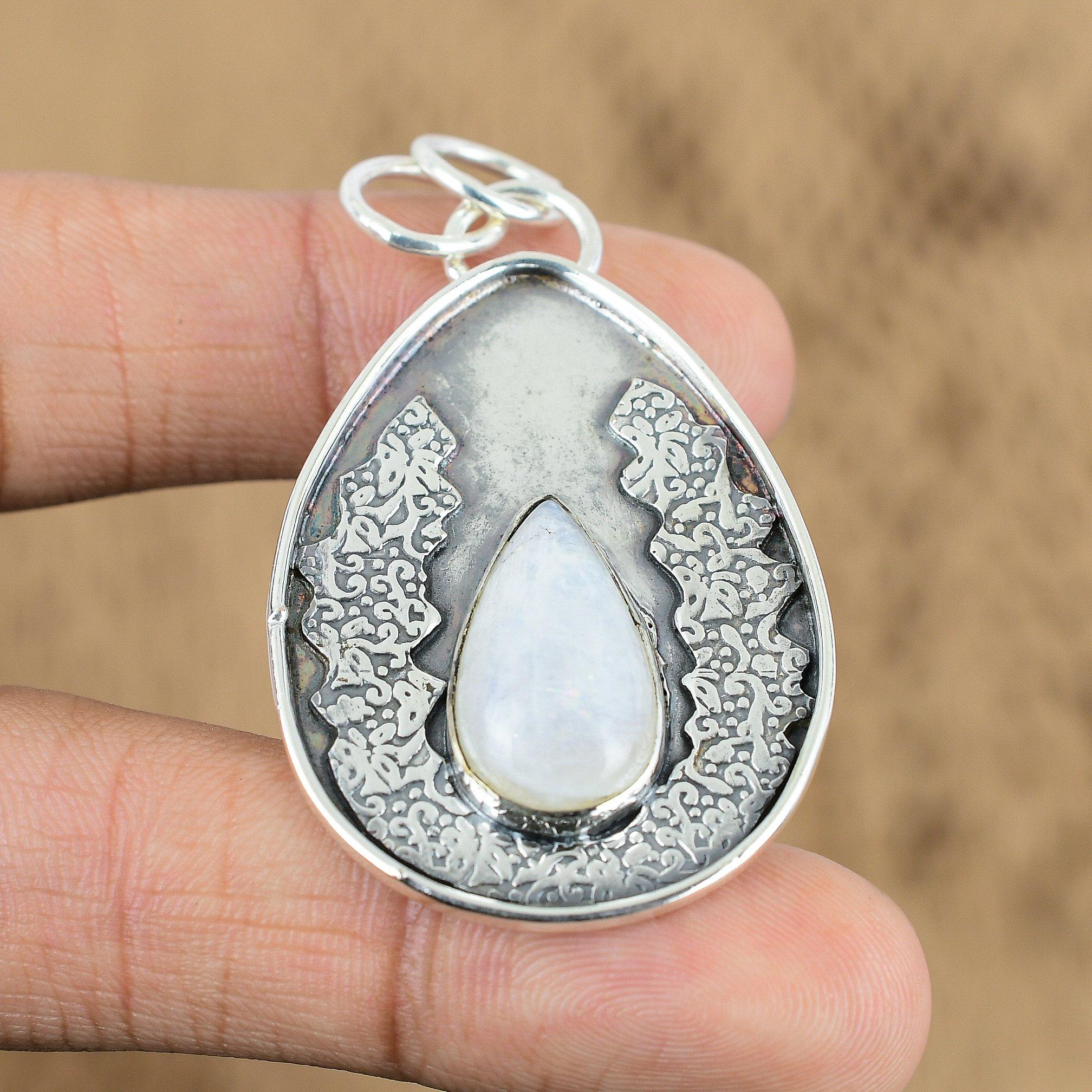 925 Silver Pear Rainbow Moonstone Stone Anniversary Sister Crown Chakra Pendant