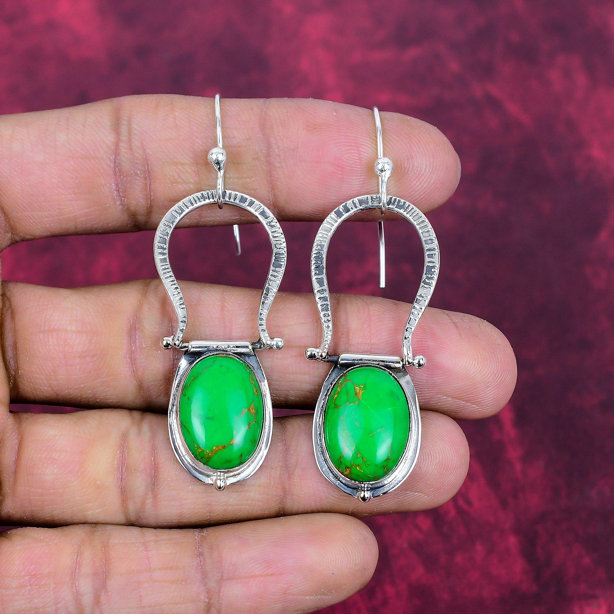 Green Copper Turquoise Earrings Gemstone Jewelry, 925 Solid Sterling Silver Handmade Earrings, Latest Design Jewelry
