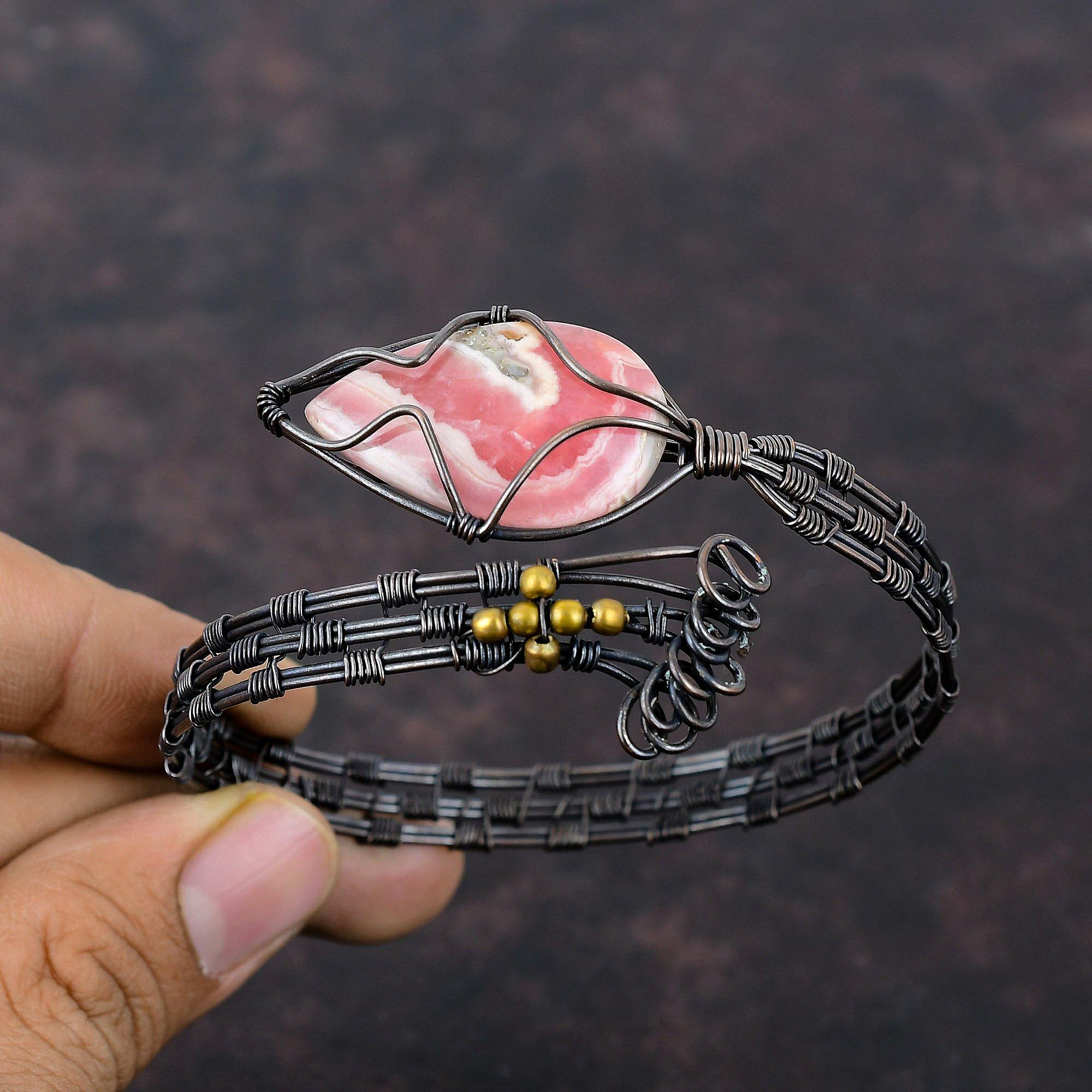 Rhodochrosite Copper Bangle Wire Wrapped Cuff Bracelet Adjustable Bangle Handmade Jewelry Gemstone Bangle Copper Wire Wrap Jewelry For Gift