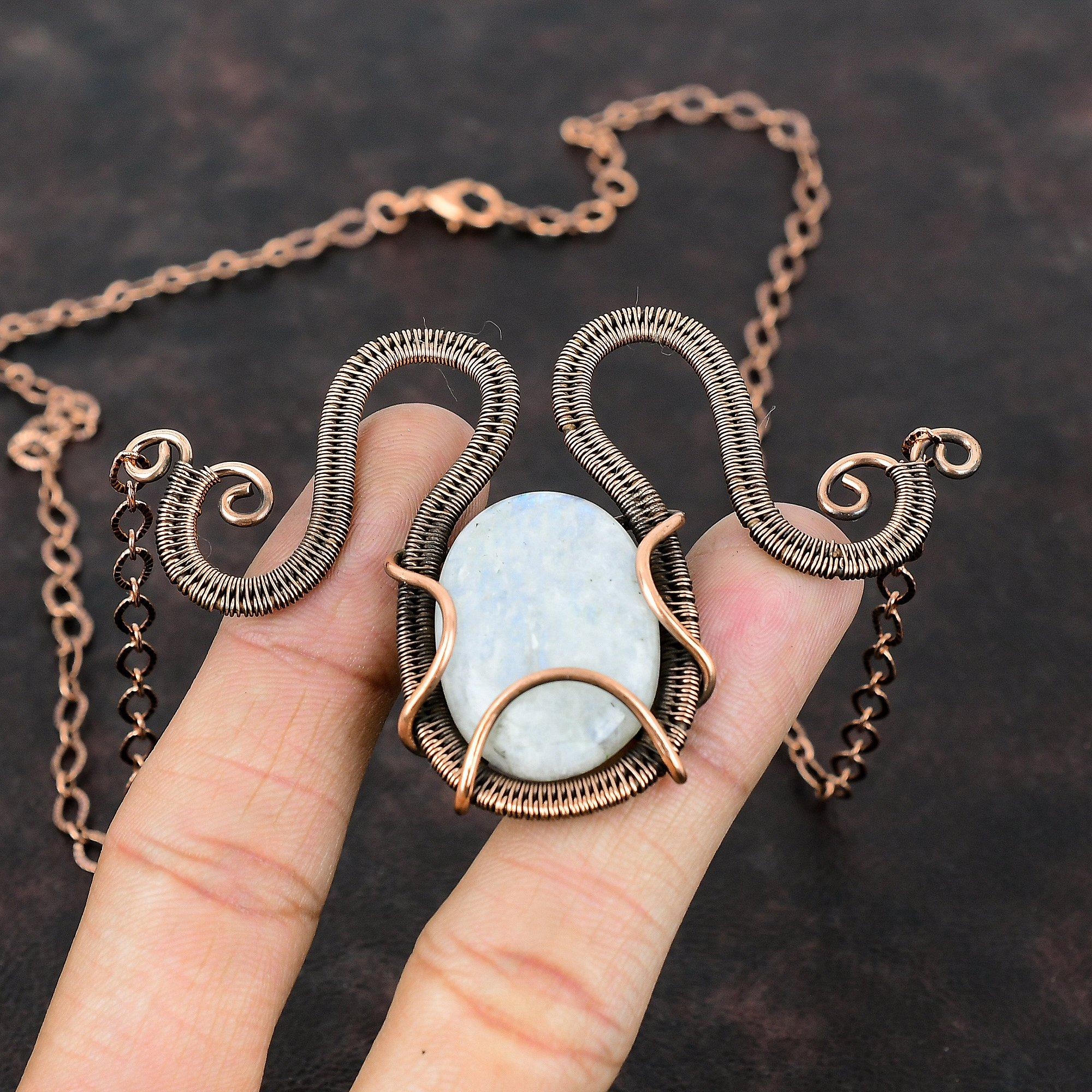 Rainbow Moonstone Gemstone Necklace Copper Wire Wrapped Necklace Handmade Dainty Copper Jewelry Adjustable Necklace Unique Necklace For Gift