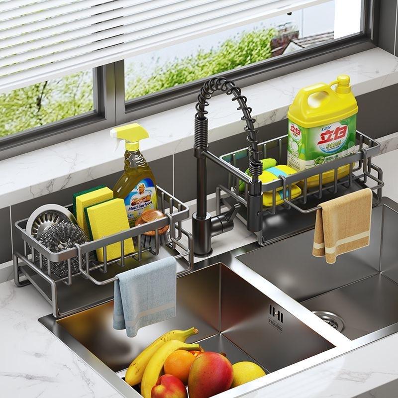 Sponge Holder for Kitchen Sink Kitchen Sink Caddy Bathroom Sink Organizer with Dishcloth Rack Brush Holder Storage Organizer