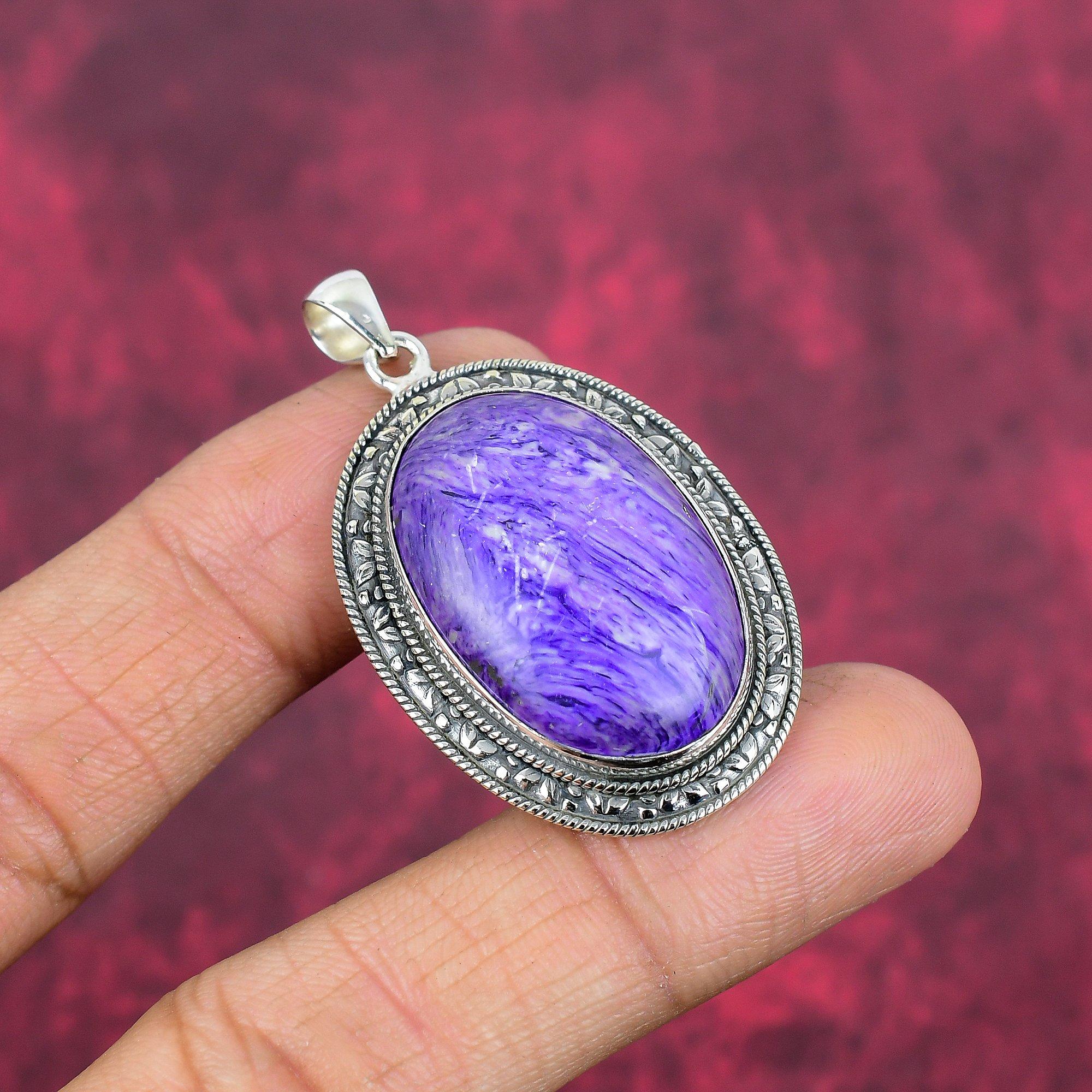 Charoite Handmade Gemstone Pendant, 925 Solid Sterling Silver Pendant Antique Jewelry, For Engagement Gift
