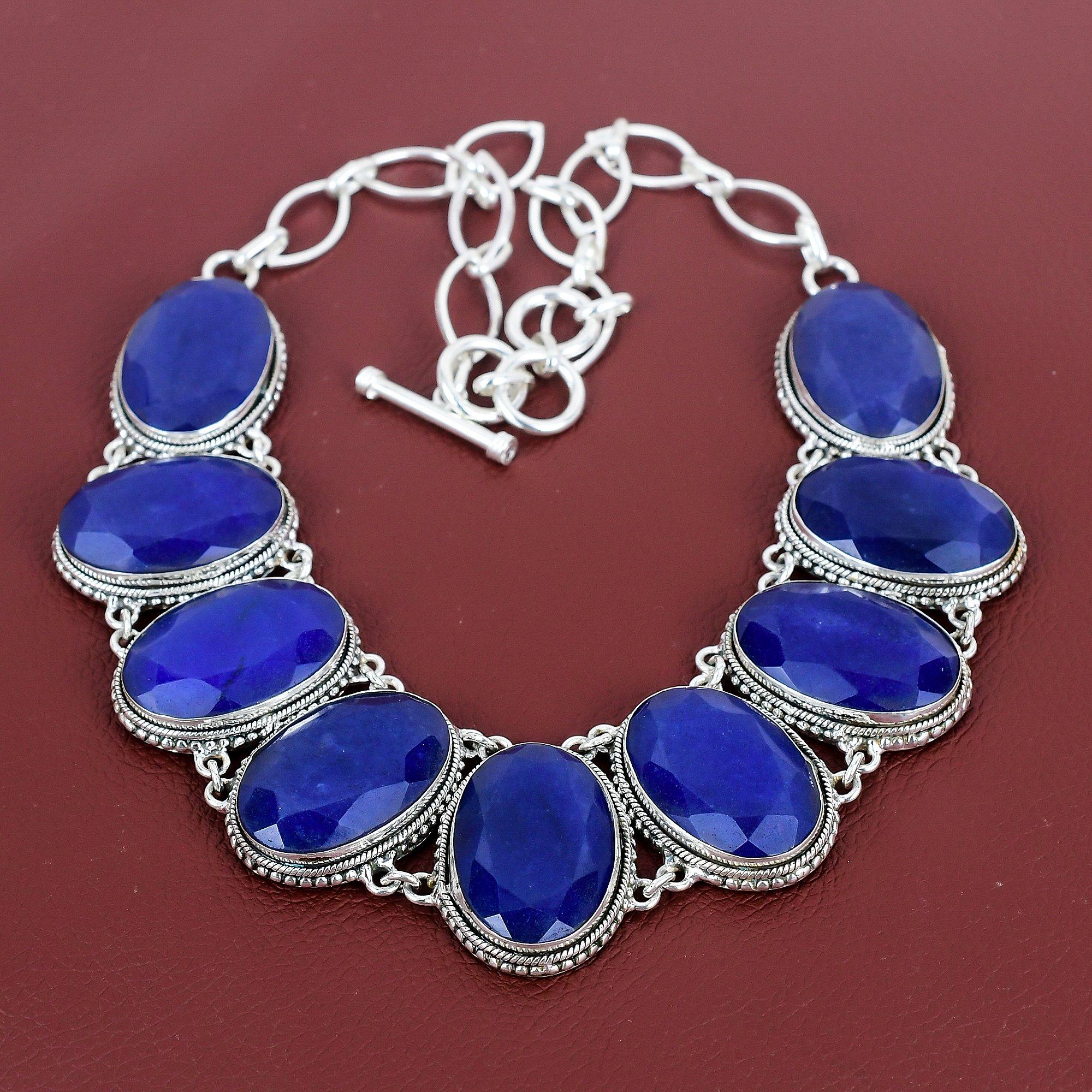 Faceted Blue Sapphire Necklace Gemstone Jewelry Vintage Necklace 925 Sterling Silver Adjustable Chain Necklace Handmade Necklace For Mother