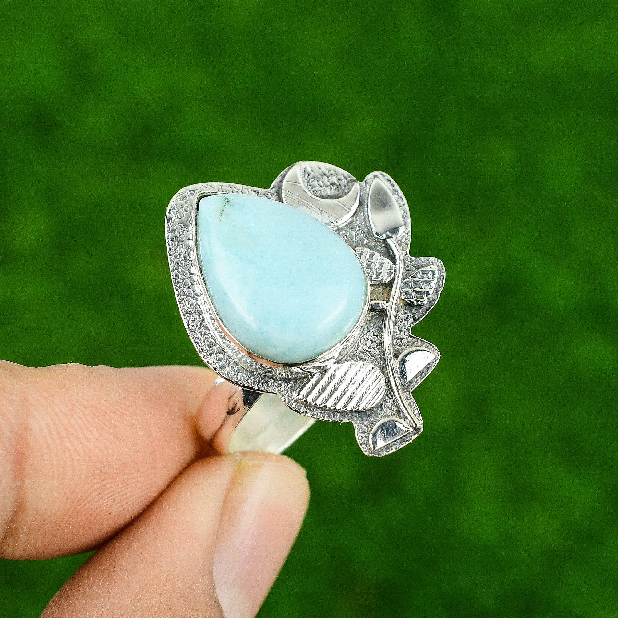 Sterling Silver Natural Larimar Cescent Moon Stackable Statement Ring Jewelry