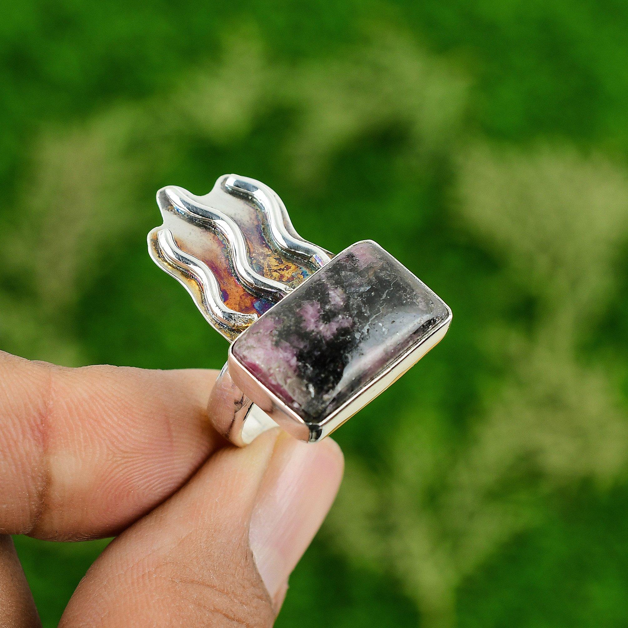 Wedding Gift For Her 925 Silver Natural Rhodonite Gemstone Stackable Ring Size 8