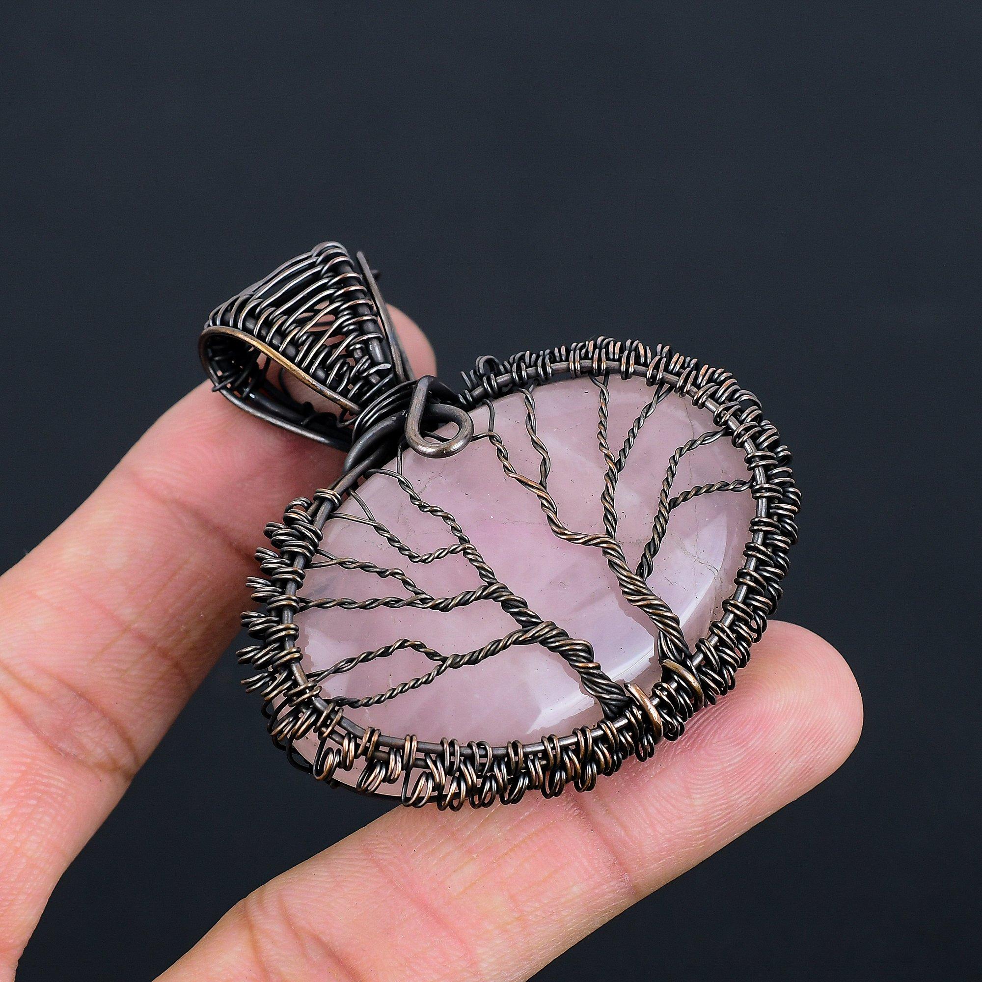 Tree Of Life Rose Quartz Gemstone Handmade Copper Wire Wrap Jewelry Pendant For Wedding Gift