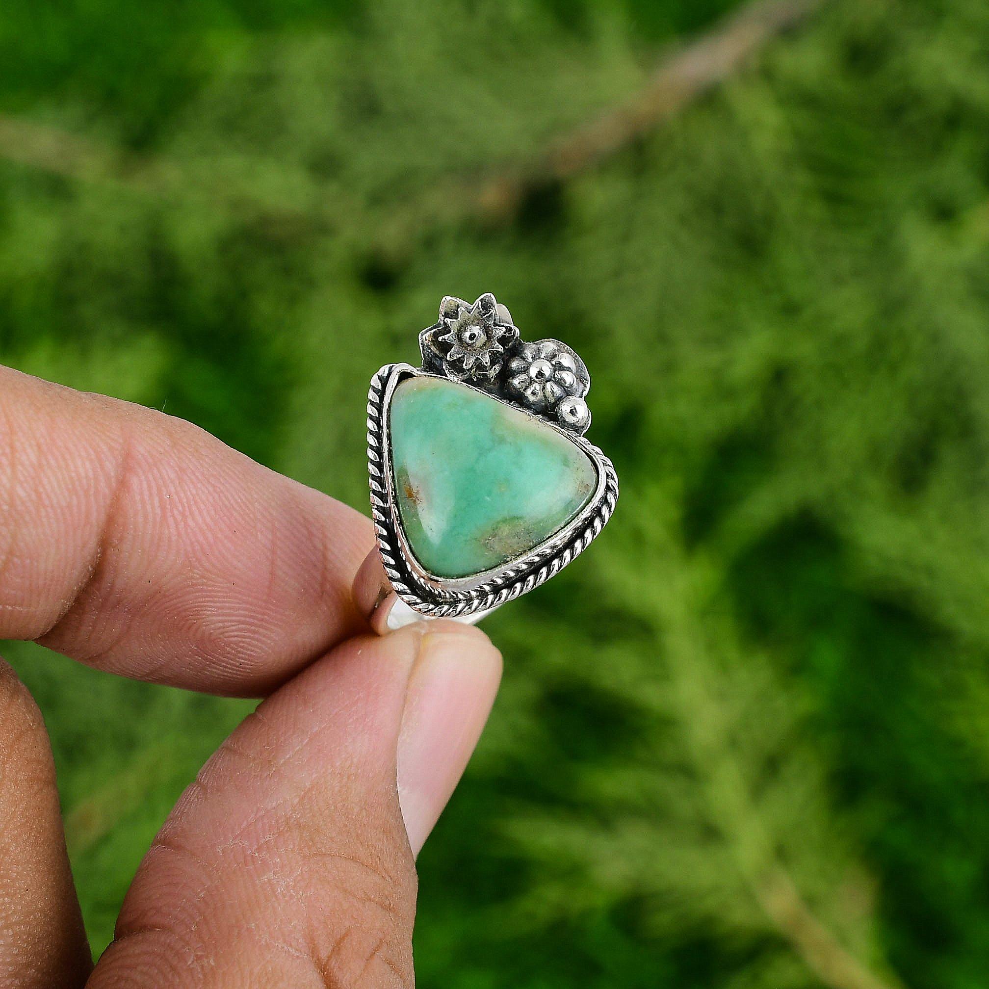 925 Sterling Silver Chrysoprase Gemstone Wife Flower Boho Stackable Ring Jewelry