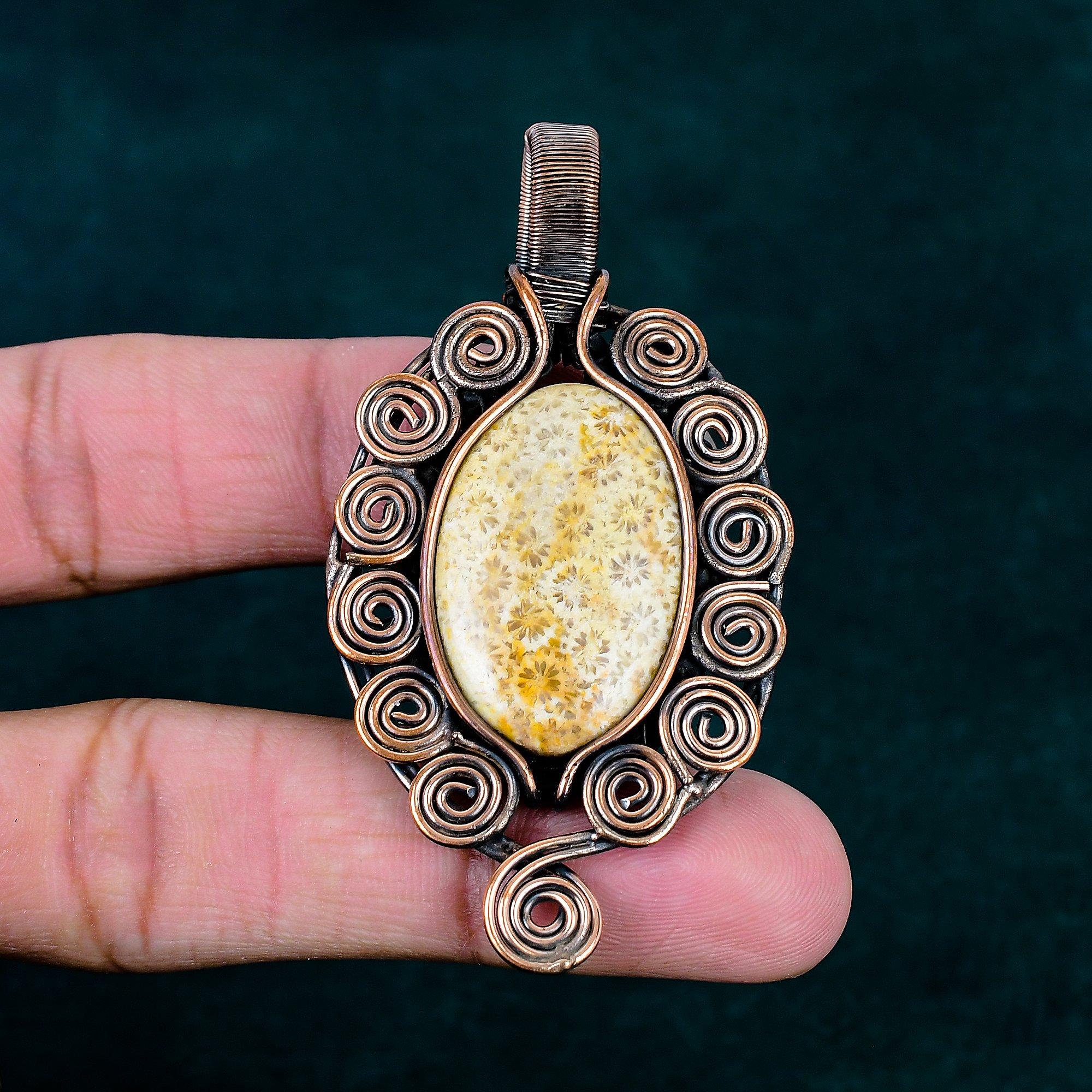 Fossil coral pendant handmade designer jewelry copper wire wrapping pendant natural gemstone jewelry unique jewelry stylish jewelry for gift