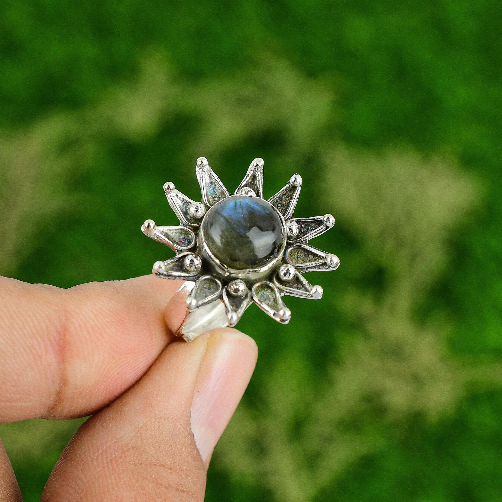 Sterling Silver Natural Labradorite Unique Statement Flower Sister Ring Jewelry