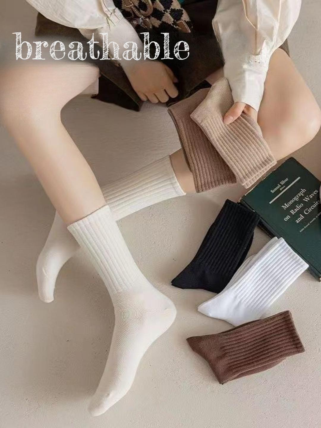 Autumn and Winter Socks Vertical Stripes Solid Color Mid Tube Socks Versatile Boneless Pile Socks Student Sports Long Socks