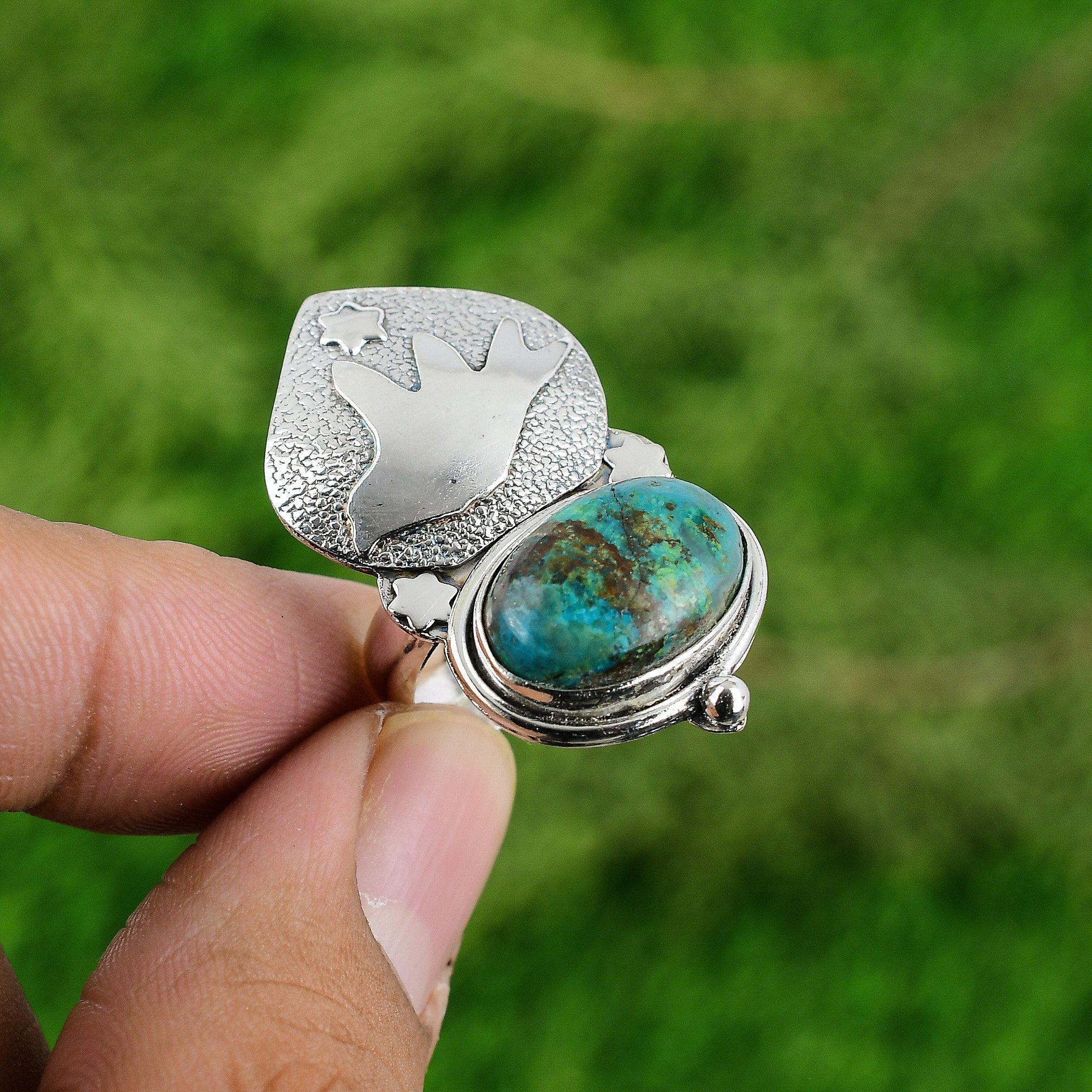 Womens day Deal Sterling Silver Oval Chrysocolla Gemstone Bezel Boho Bird Ring