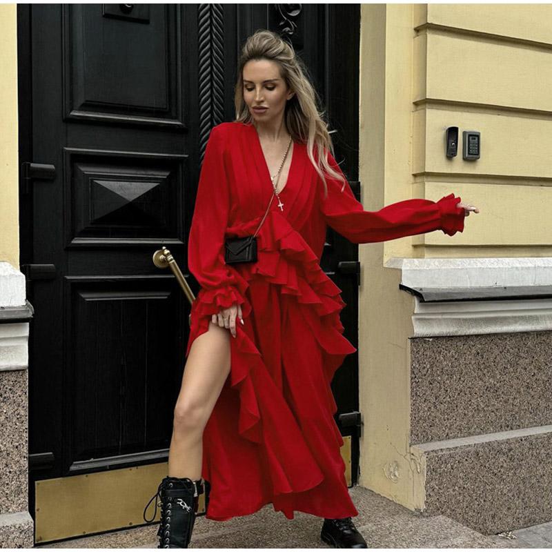 Ruffled Sleeve Midi Dress for Women 2025 New Spring Summer Fashion V-neck Loose A-line Female Dresses Ladies Party Evening Dress