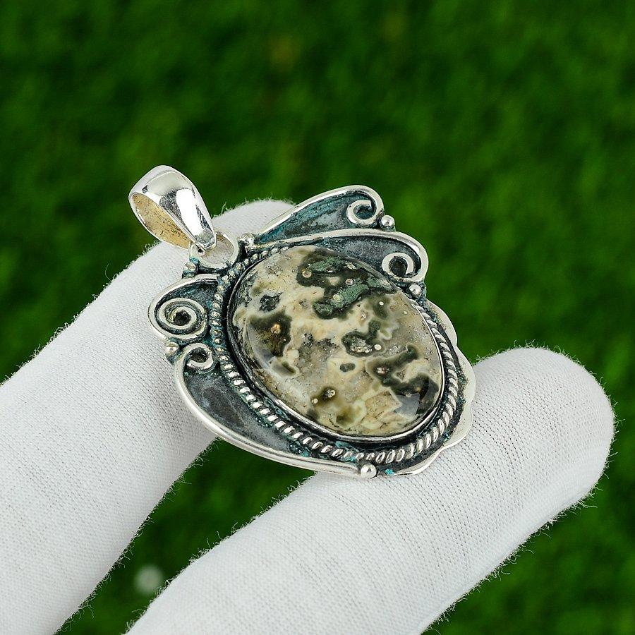 Натуральний Камінь Океанічний Яшма Підвіска Зелений Срібло 925 проби Індійські Ювелірні Вироби