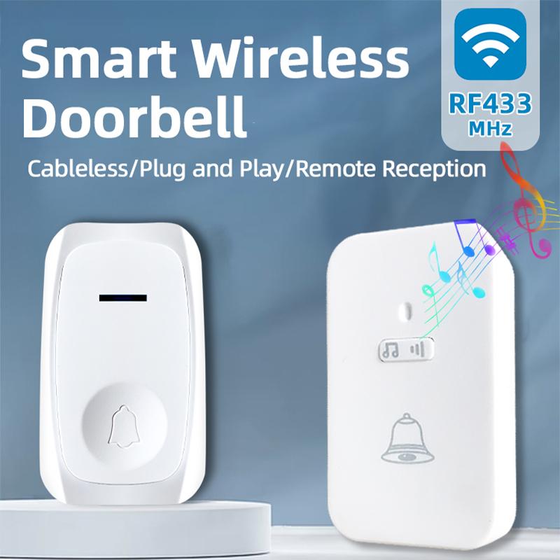 433MHz RF Wireless Doorbell EU/US Battery Powered 100M Long Range Smart Home Door Bell with 38 Chimes for House Apartment Hospital Elderly Call