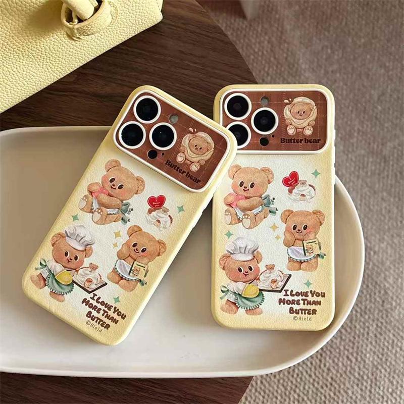 Милый кожаный чехол с рисунком медведя для iPhone 16 15 14 13 Pro Max с большим окном, противоударный чехол