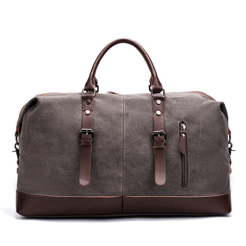 Simple Men Canvas Travel Bag PU Leather Outdoor Sports Gym Fitness Bag Large Capacity Multiple Pockets Handbag Weekend Carry on Duffel Bag