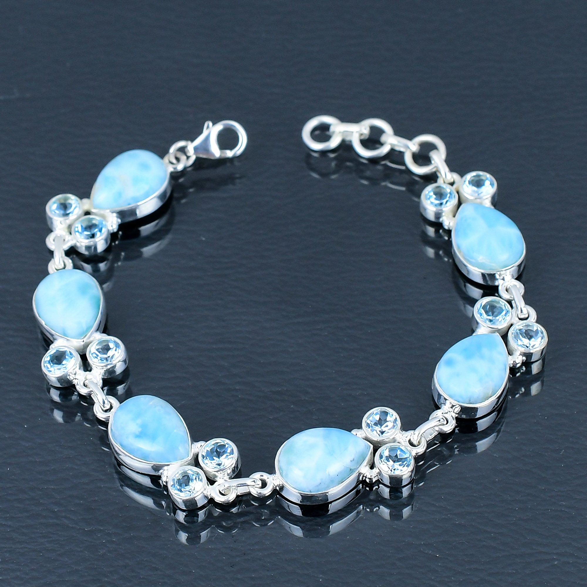 Brățară cu piatră prețioasă Larimar naturală și topaz albastru, argint 925, brățară cu lanț de 6 până la 8 inci, brățară lucrată manual, bijuterii pentru Ziua Îndrăgostiților