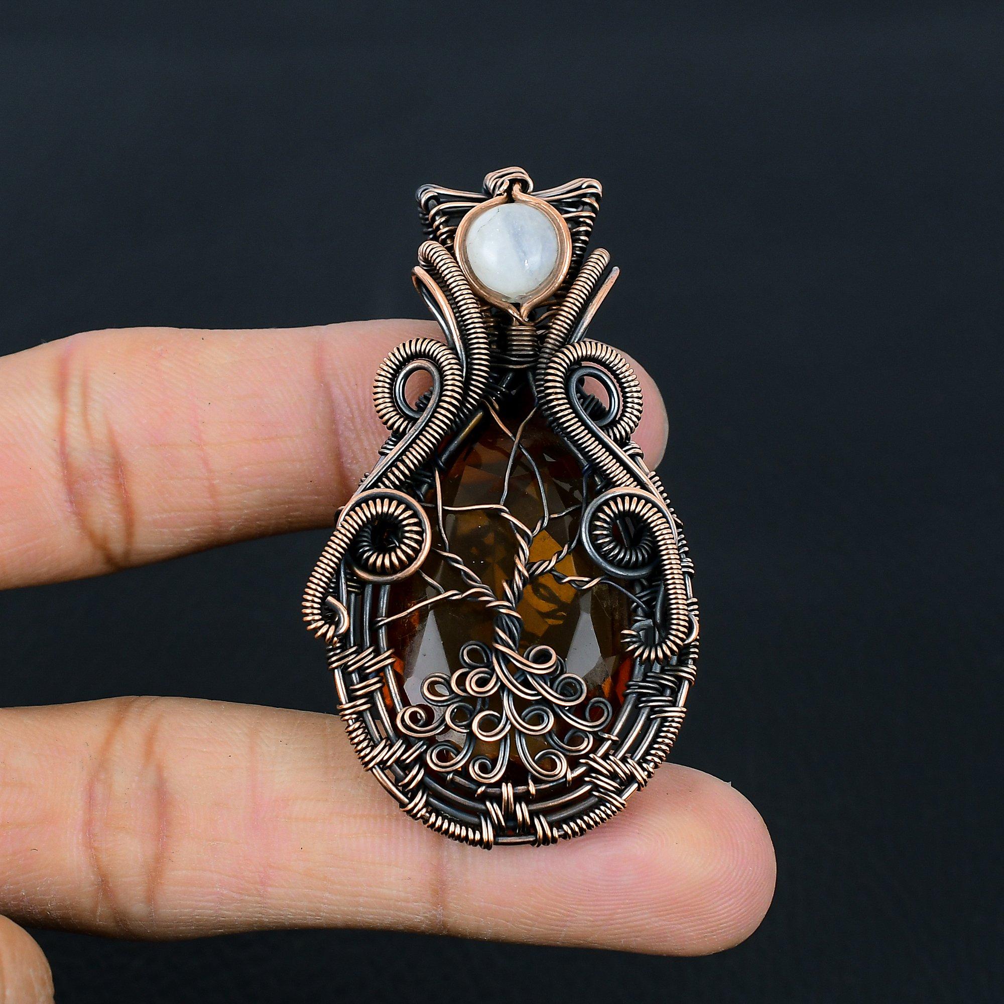 Citrine & Moonstone Gemstone Handmade Pure Copper Wire Wrap Jewelry Pendant For Thanksgiving