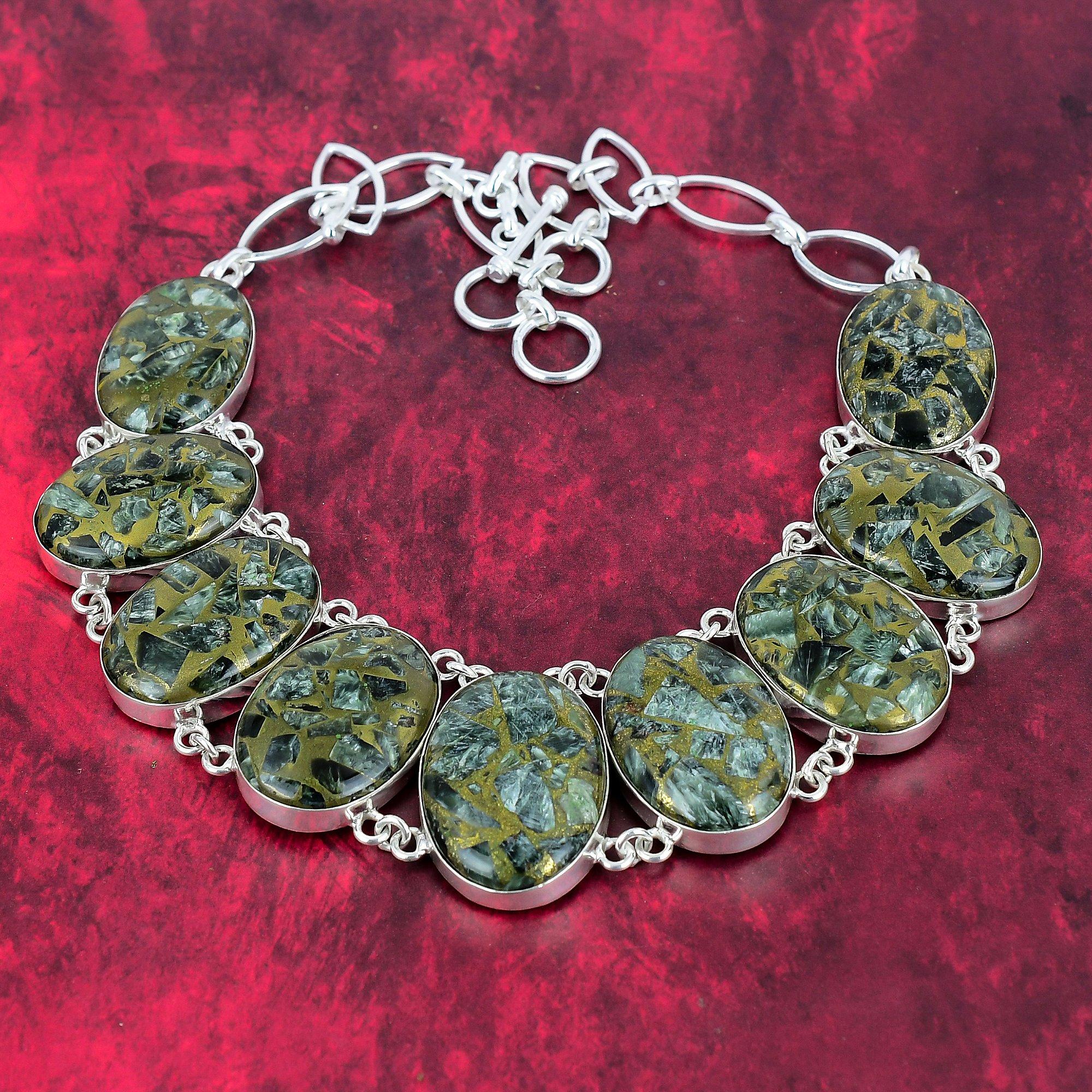Copper Seraphinite Necklace Gemstone Jewelry, 925 Solid Sterling Silver Necklace, Adjustable Handmade Chain Necklace Gift For Wife Jewelry