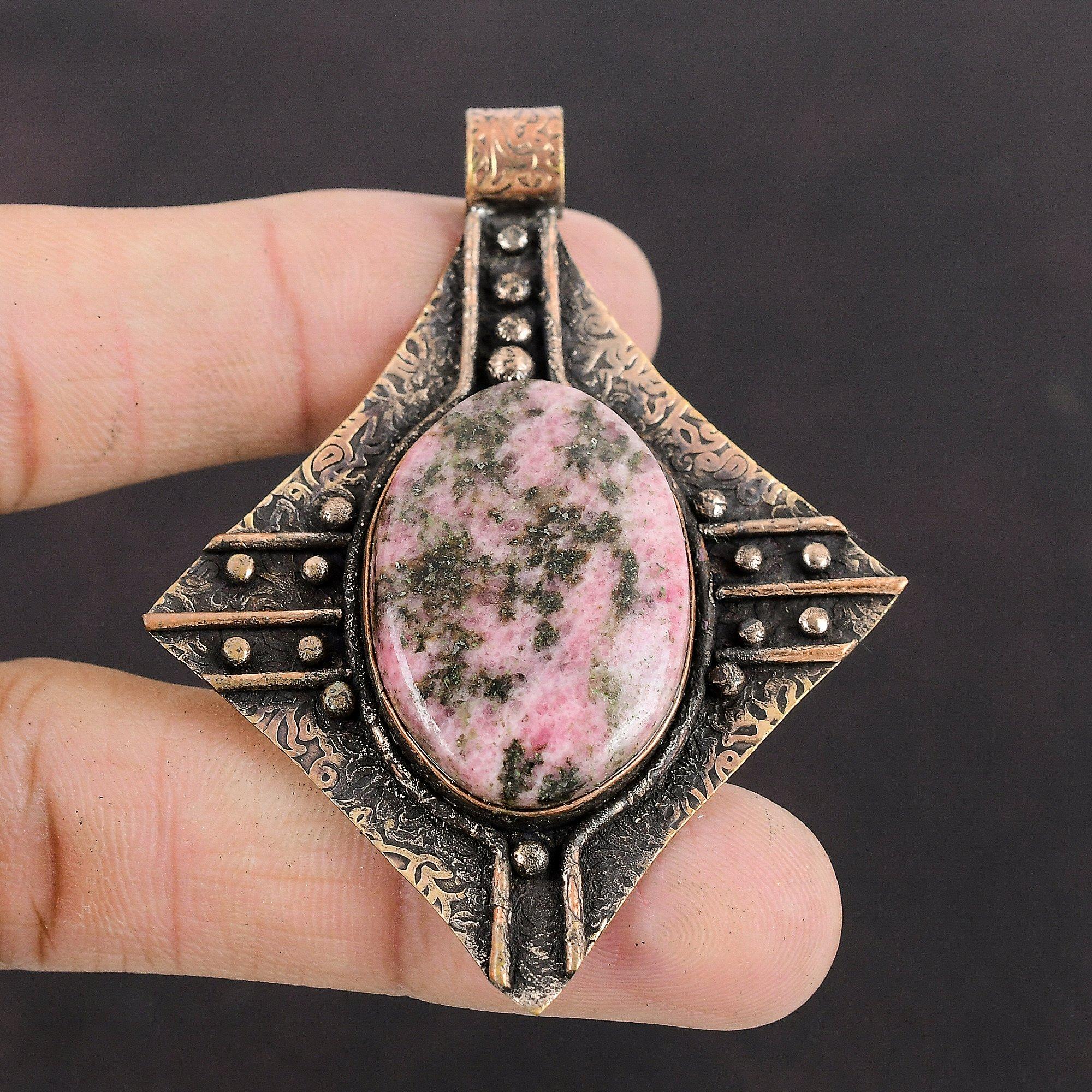 Rhodonite Pendant Copper Pendant Handmade Pendant Rhodonite Jewelry High Quality Gemstone Pendant Unique Copper Design Jewelry Gift For Her