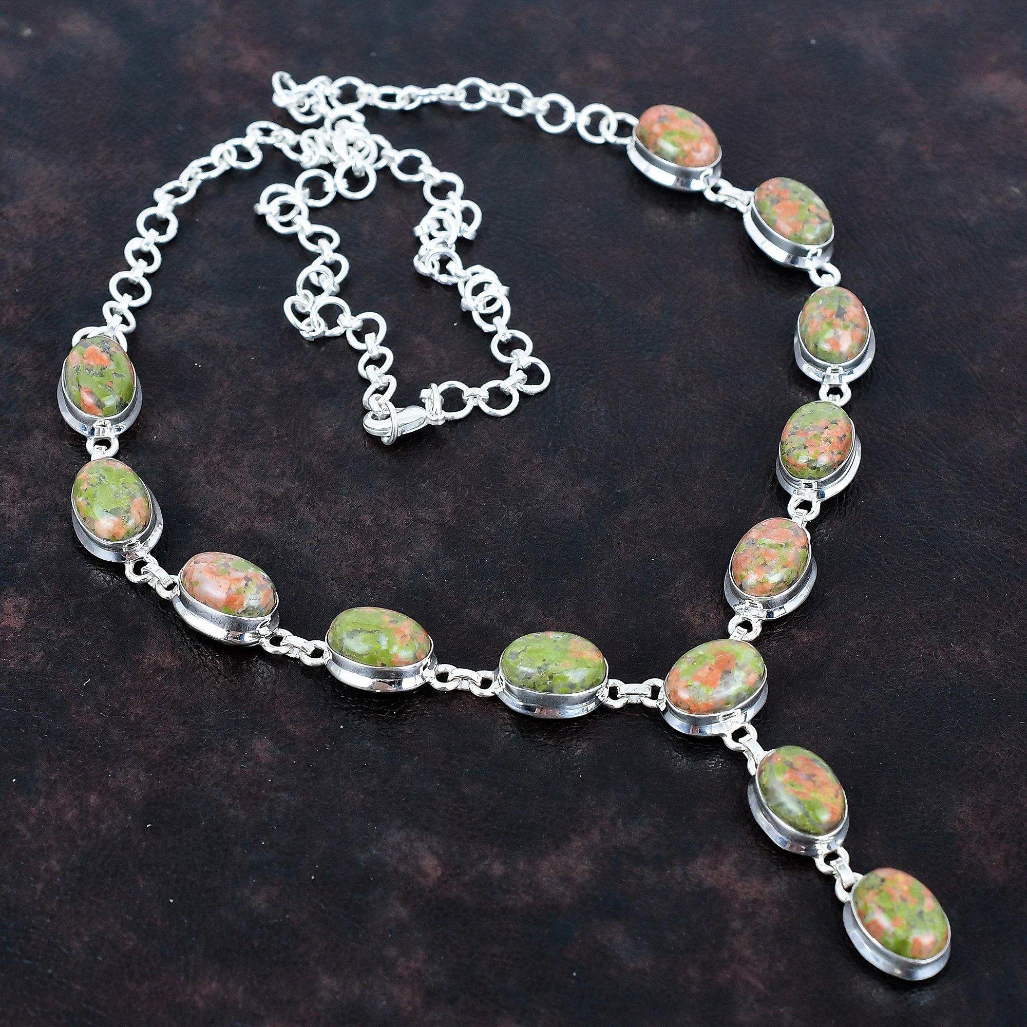 Unakite Gemstone Necklace 925 Sterling Silver Necklace Adjustable Chain Necklace Handmade Boho Jewelry Birthstone Necklace Engagement Gifts