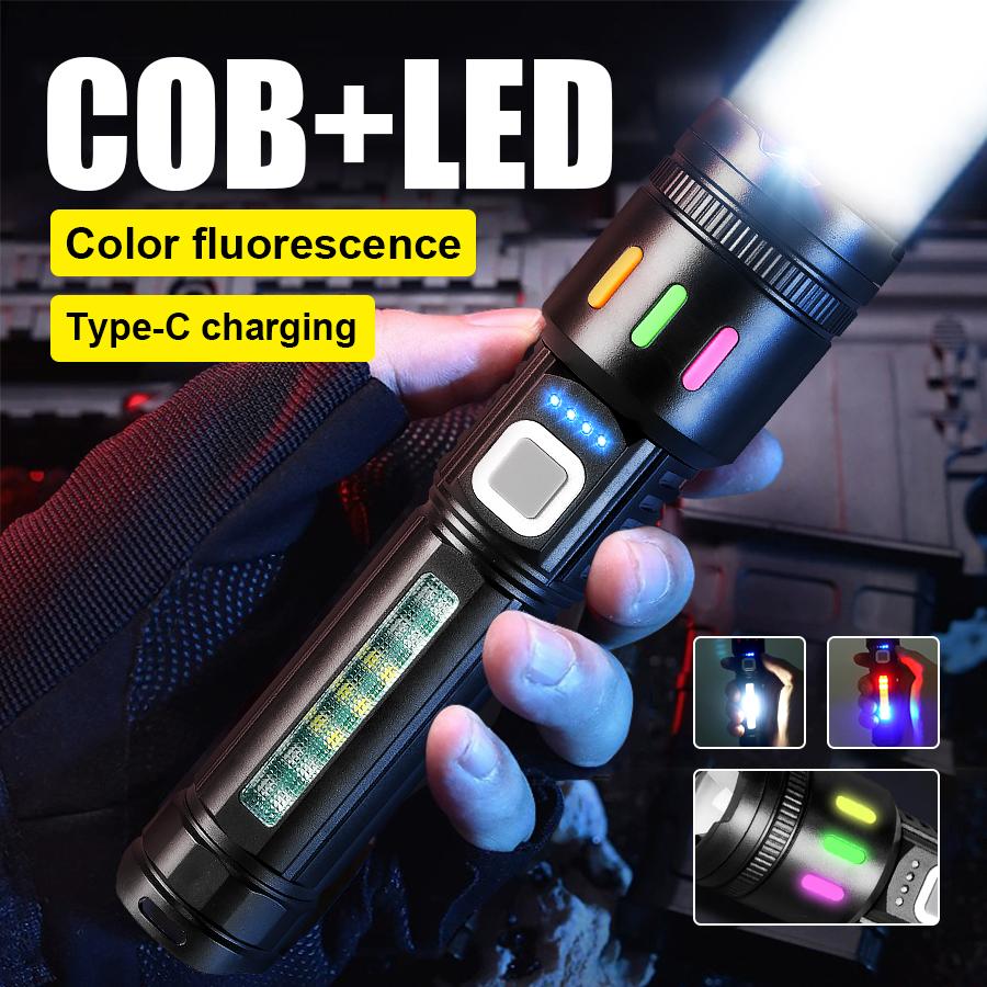 Portable LED Flashlight With COB Lights Zoomable Lamp Strong Light Flashlights USB Rechargeable Light For Outdoor Hiking