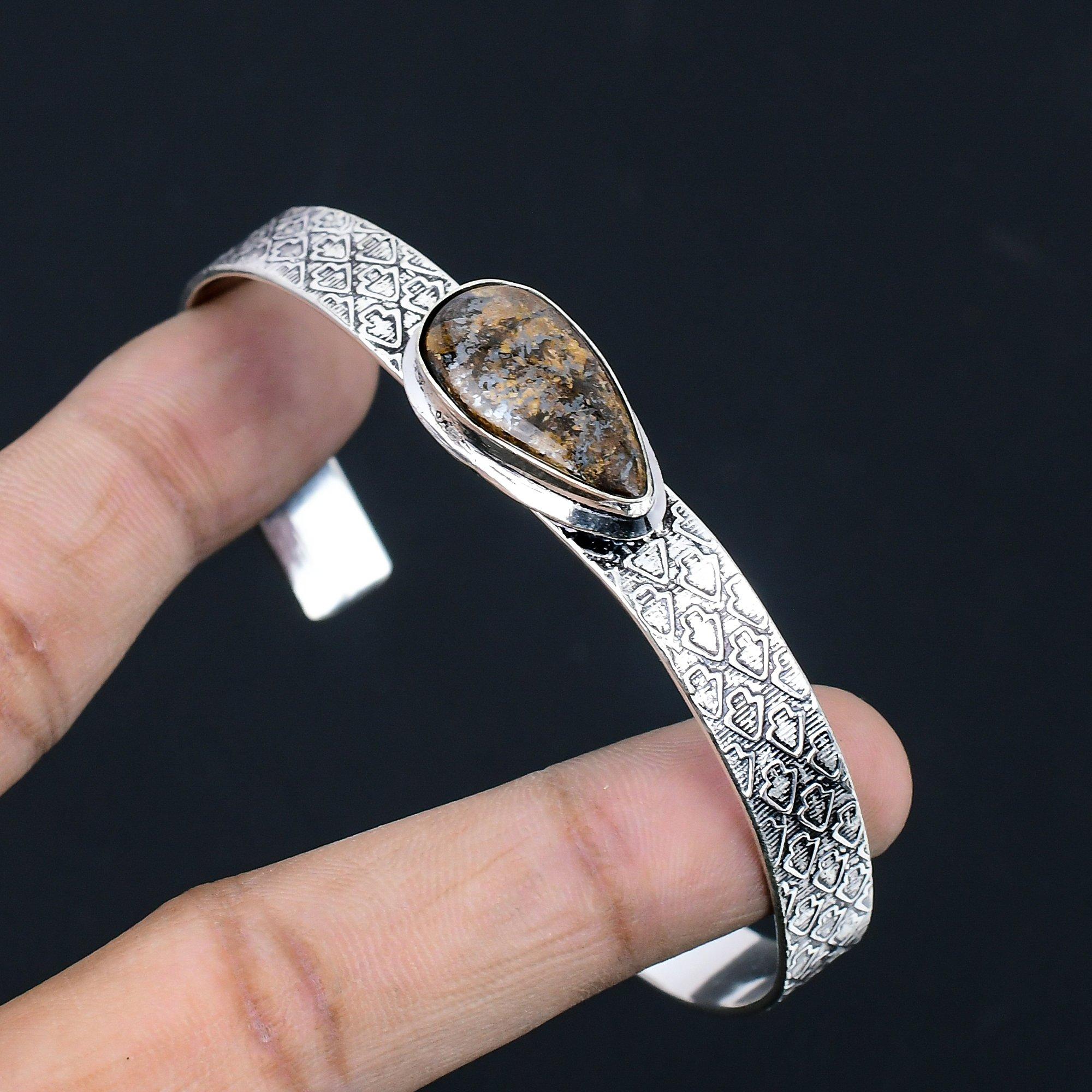 Birthday Gift For Her Natural Bronzite Gemstone Bangle Adjustable 925 Silver