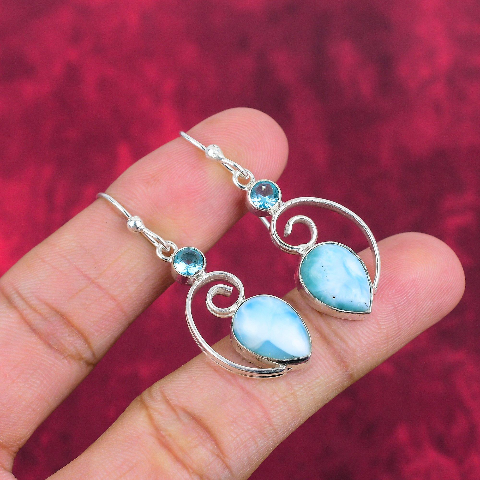 Larimar, Blaue Topas Ohrringe Edelsteinschmuck, 925 Sterlingsilber Handgefertigte Ohrringe, Neuestes Design Schmuck