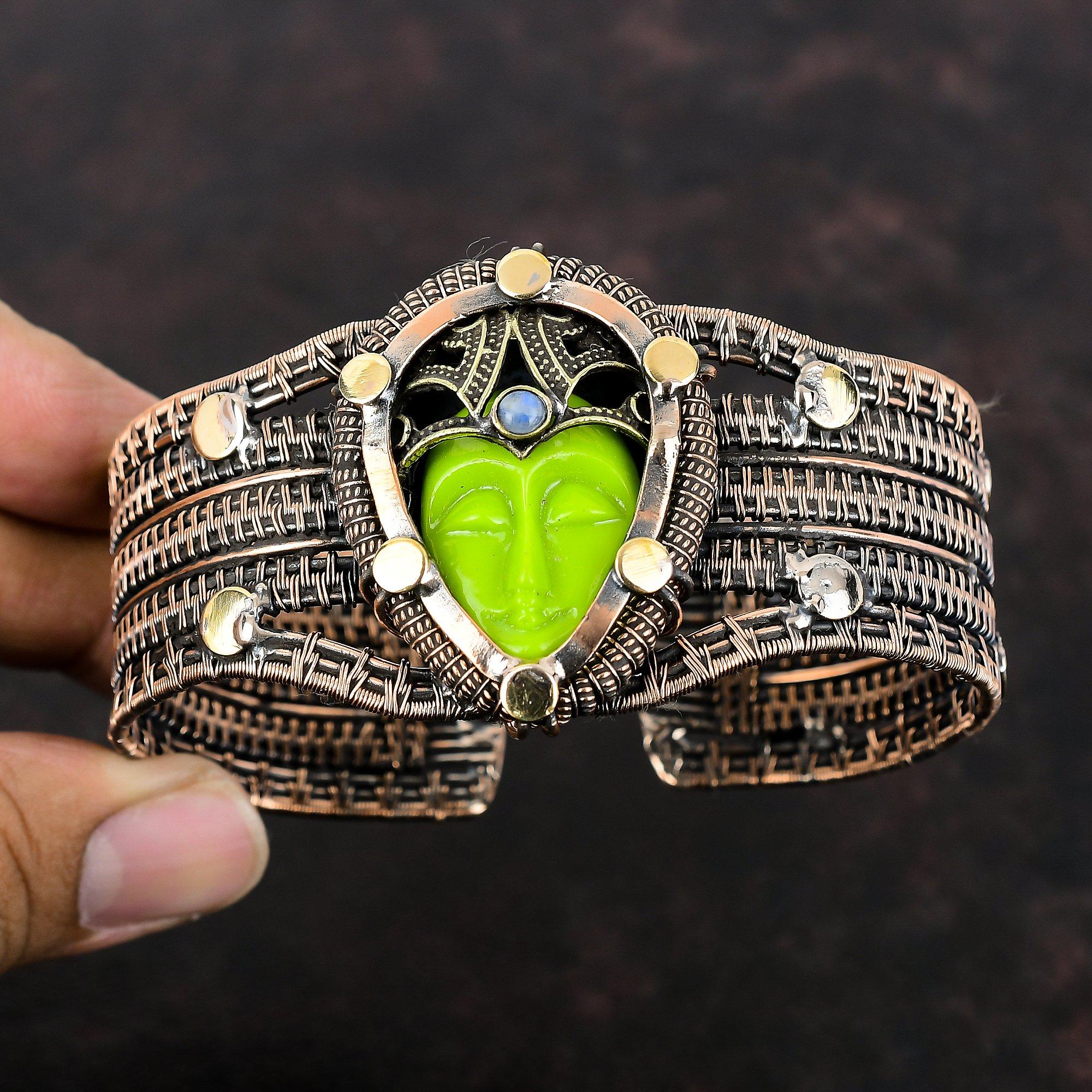 Green Carved Bone Face Cuff Bracelet Copper Wire Wrapped Bangle Adjustable Cuff Handmade Rainbow Moonstone Bangle Gemstone Jewelry For Gift