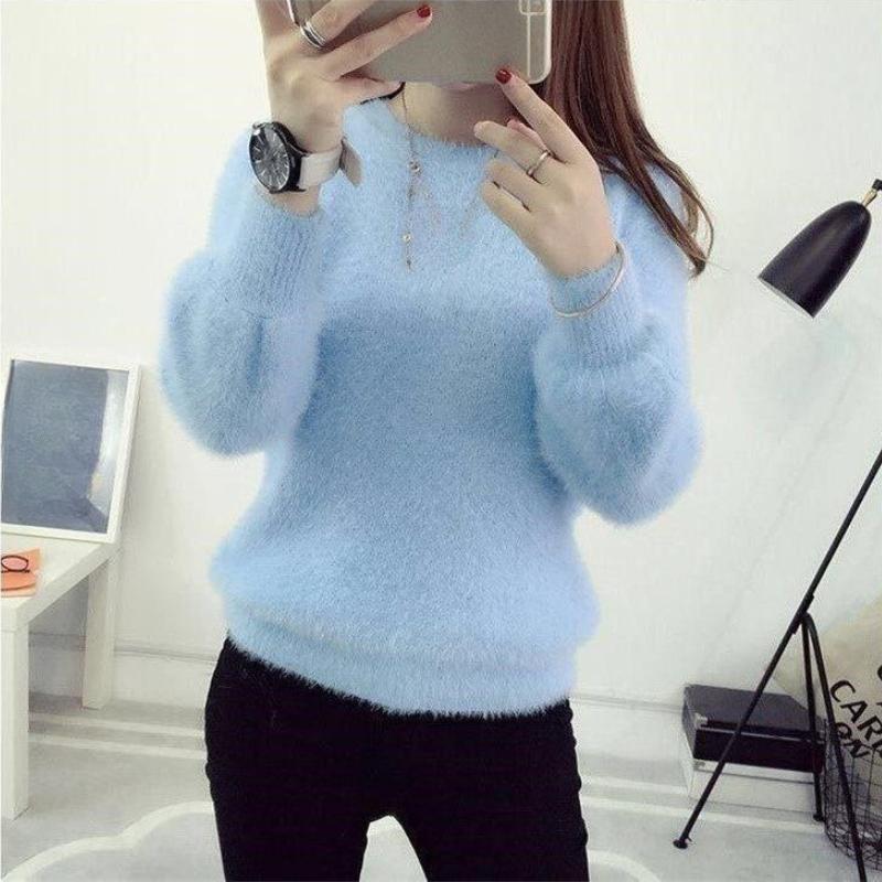Winter Imitate Mink Wool Hot Fleecing Pullovers Solid Color Female Elastic Casual Sweater O-neck Long Puff Sleeve Women Knitted Tops