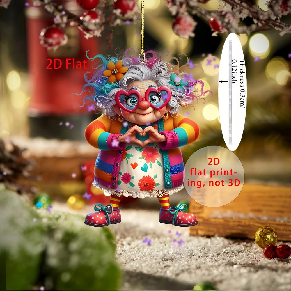 Chic Grandma with Heart-Shaped Glasses - 2D Flat Acrylic Car Charms and Holiday Decorations, Perfect for Christmas, Valentine's Day, Mother's Day