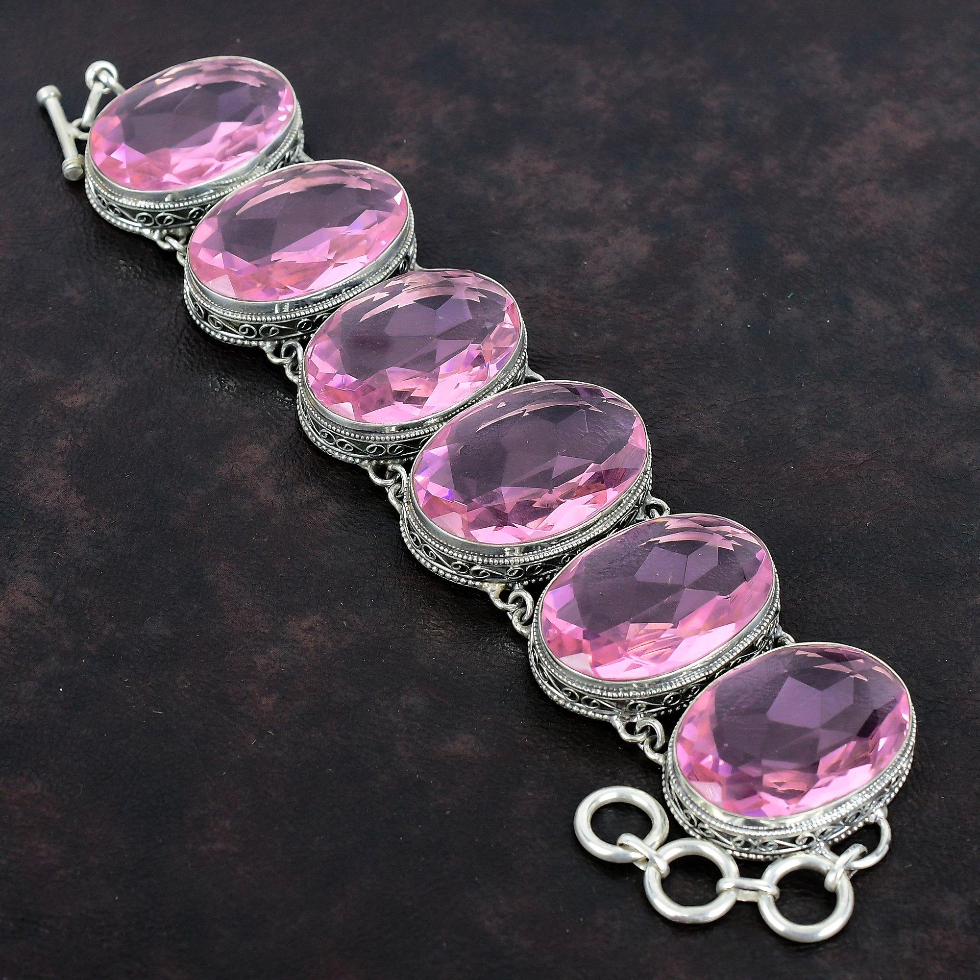 Faceted Pink Kunzite Bracelet 925 Sterling Silver Bracelet Adjustable Chain Bracelet Vintage Jewelry Natural Gemstone Bracelet Wedding Gifts