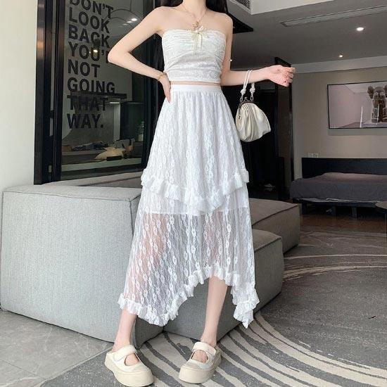 White Irregular Lace Skirt for Women Elegant Elastic Waist  A-line Mid-length Skirt Y2k Korean Fashion Clothing Spring Summer