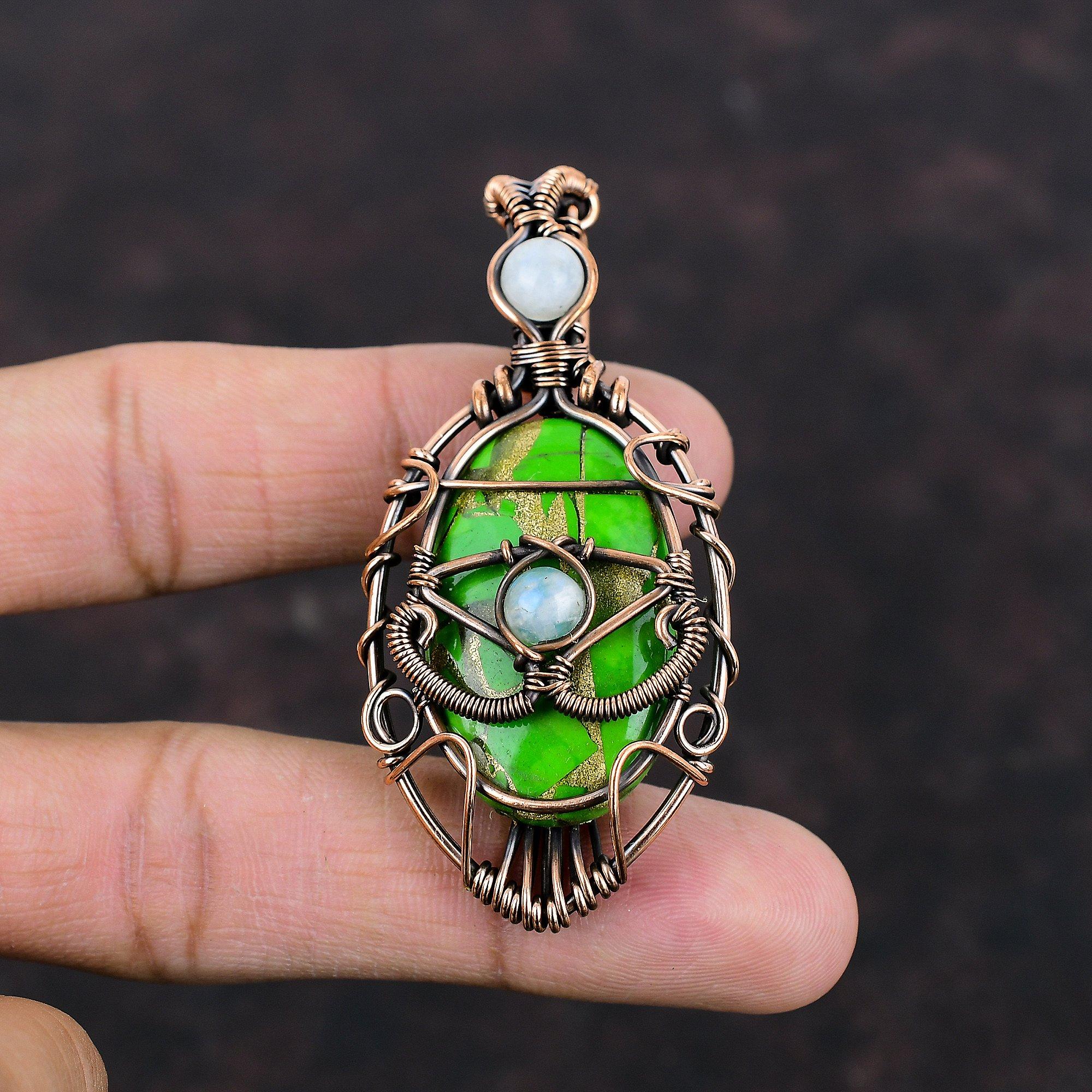 Copper Green Turquoise Pendant Evil Eye Pendant Copper Wire Wrapped Gemstone Pendants Moonstone Pendant Handmade Pendant Copper Wire Jewelry