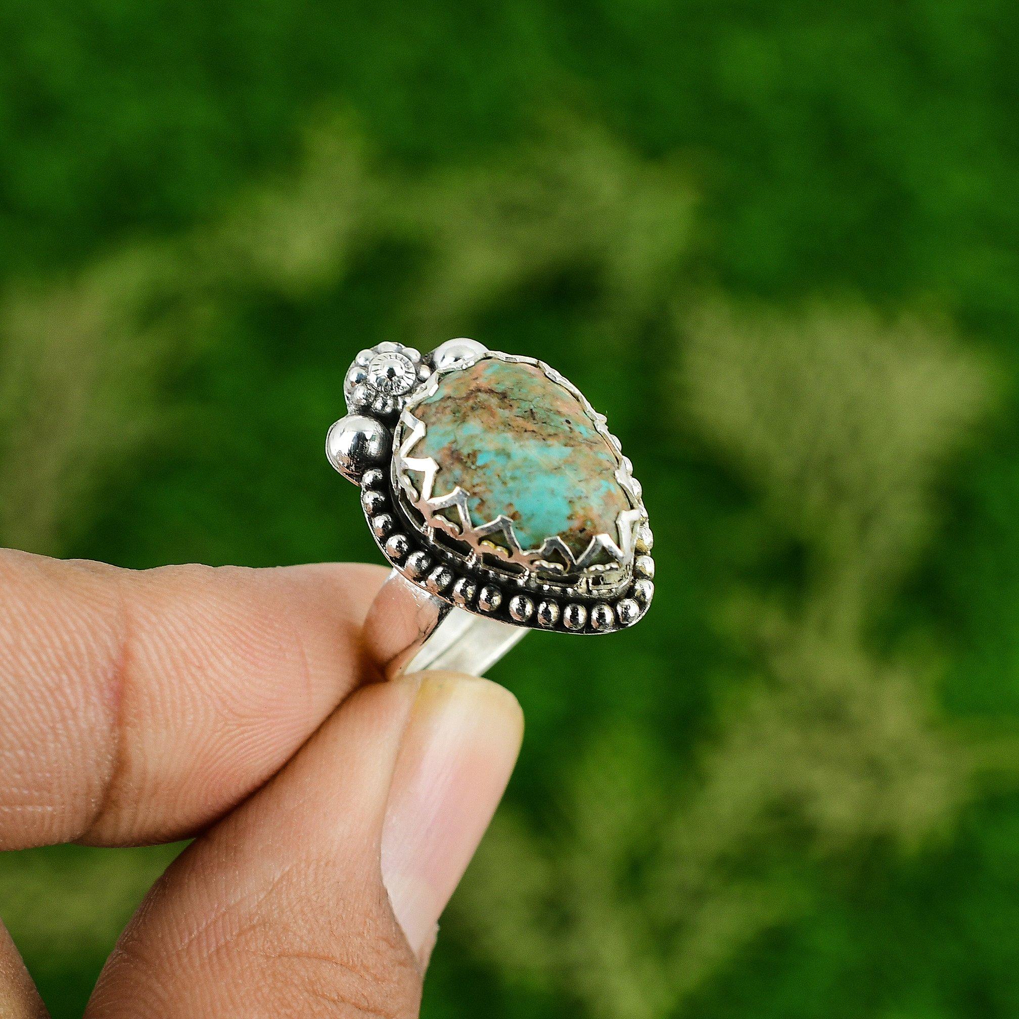 Natural Tibetan Turquoise Gemstone Stackable Blue Adjustable Ring 925 Silver