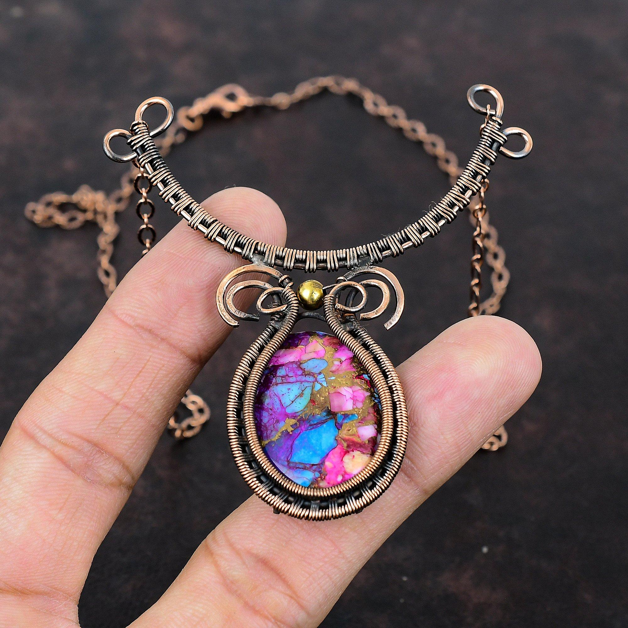 Natural Kingman Pink Dahlia Turquoise Necklace Copper Wire Wrapped Necklace Gemstone Jewelry Adjustable Necklace Copper Jewelry Wedding Gift