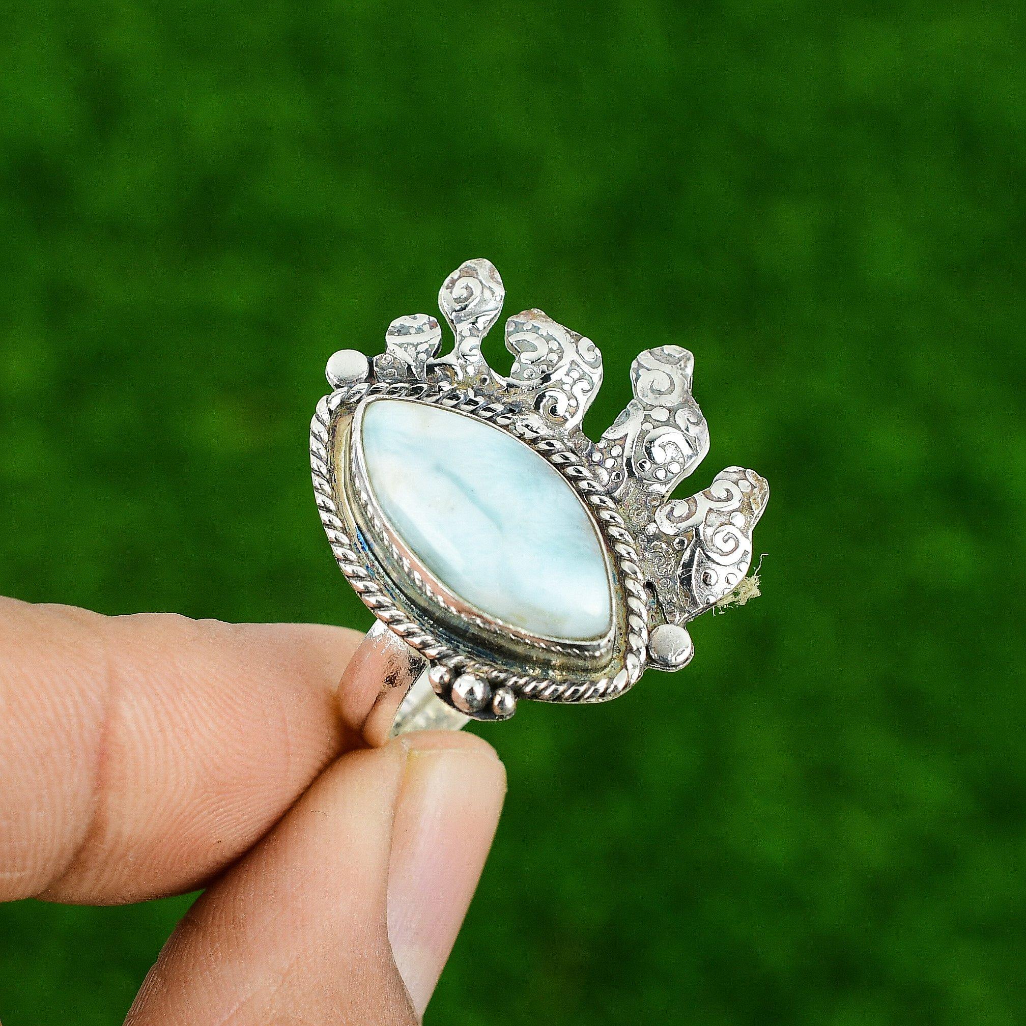 Wedding Gift For Her 925 Silver Natural Larimar Gemstone Promise Adjustable Ring
