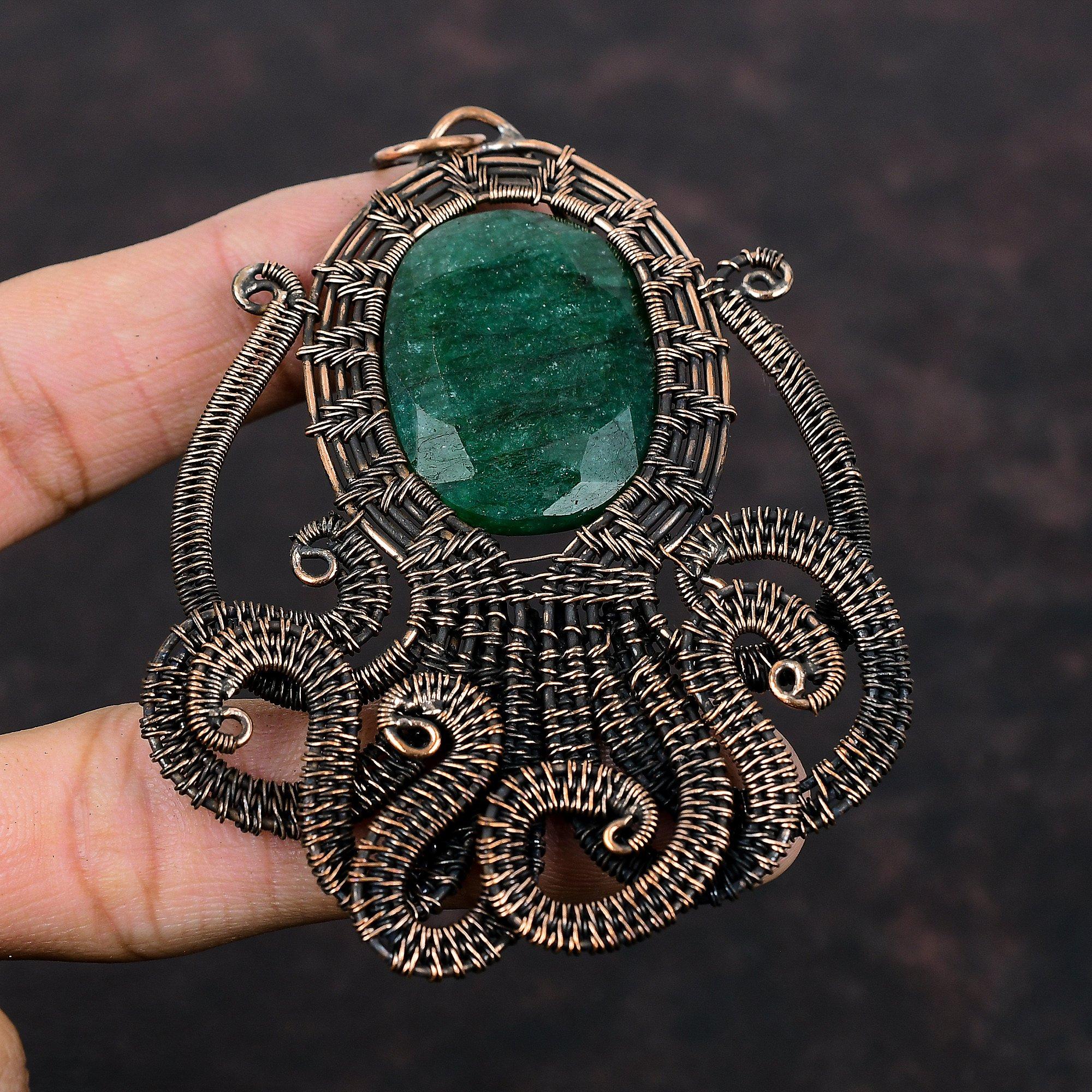 Faceted Zambian Emerald Pendant Copper Wire Wrapped Jewelry Copper Gemstone Pendant Handmade Wire Wrap Pendant Gift For Her Octopus Jewelry