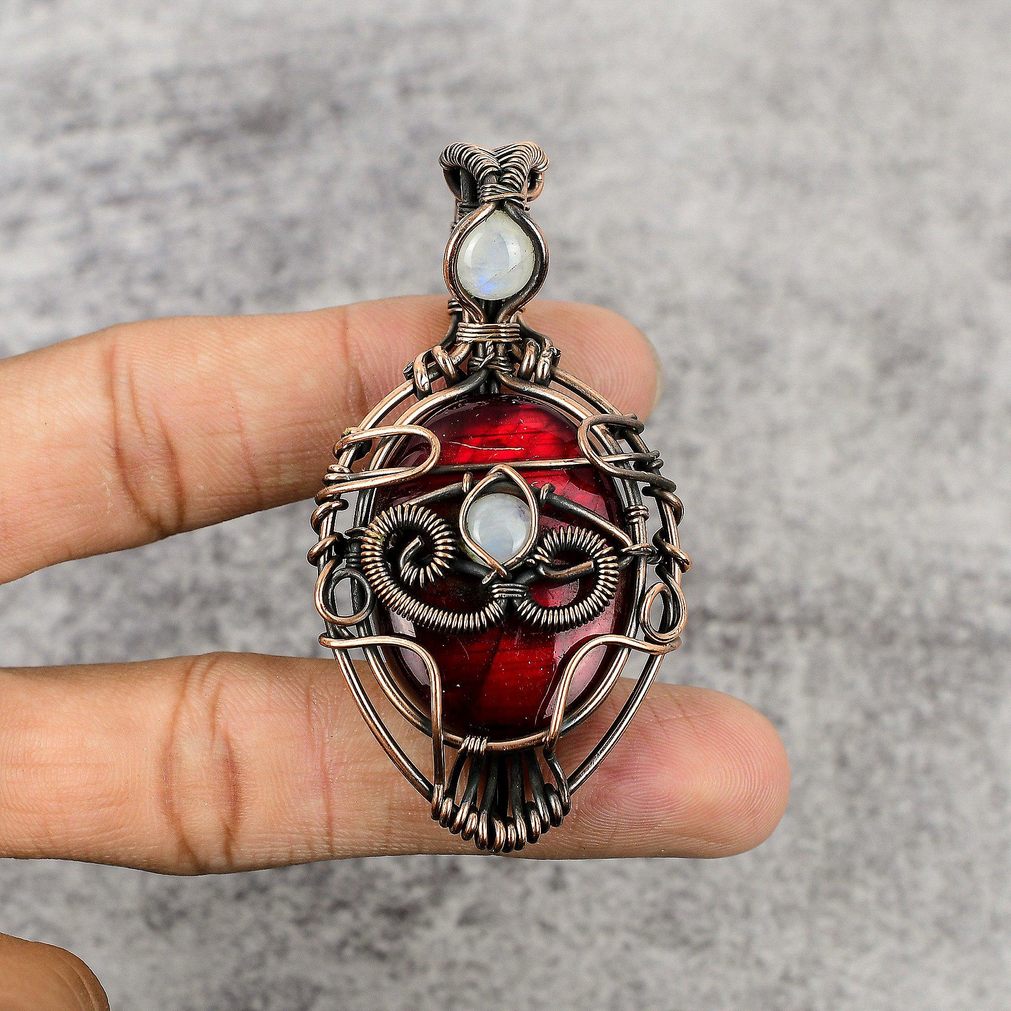 Red Flash Labradorite & Rainbow Moonstone Pendant, 999 Copper Wire Wrapped Jewelry, Gemstone Jewelry Pendant, Handmade Wedding Gift Jewelry