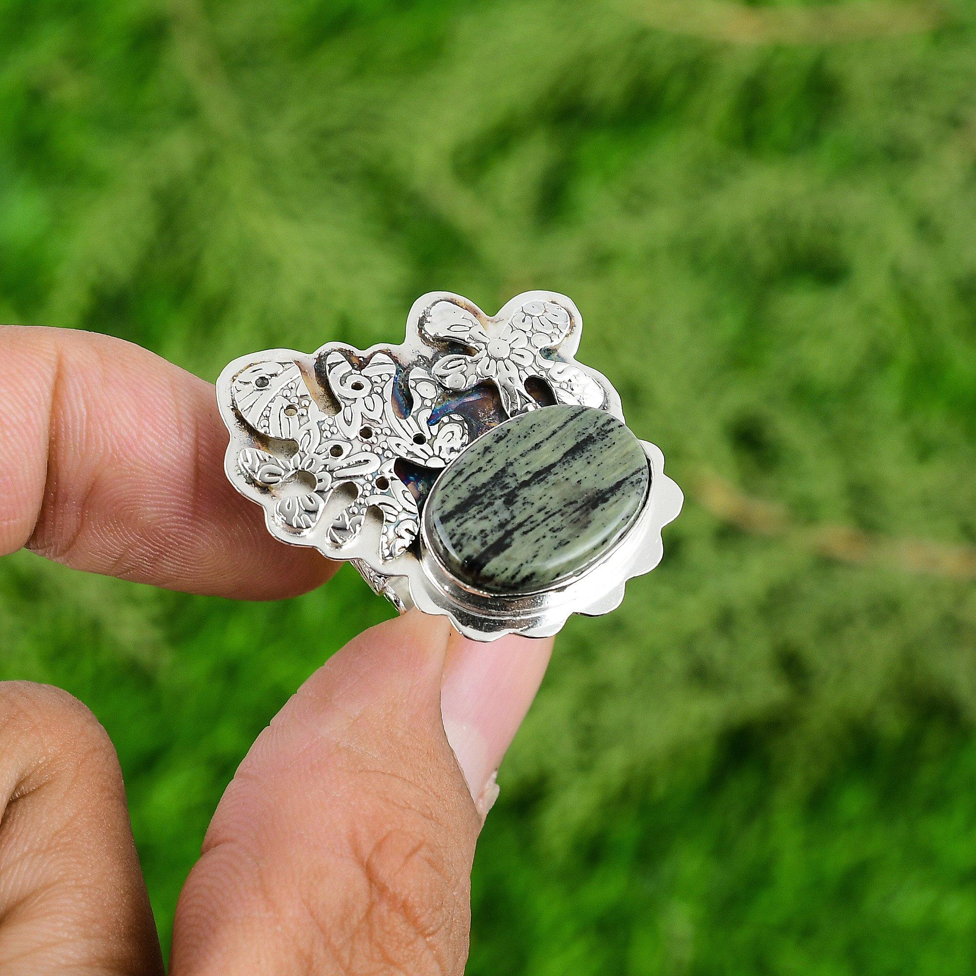 Natural Silver Leaf Jasper Statement Mother Ring Jewelry Sterling Silver US Yes
