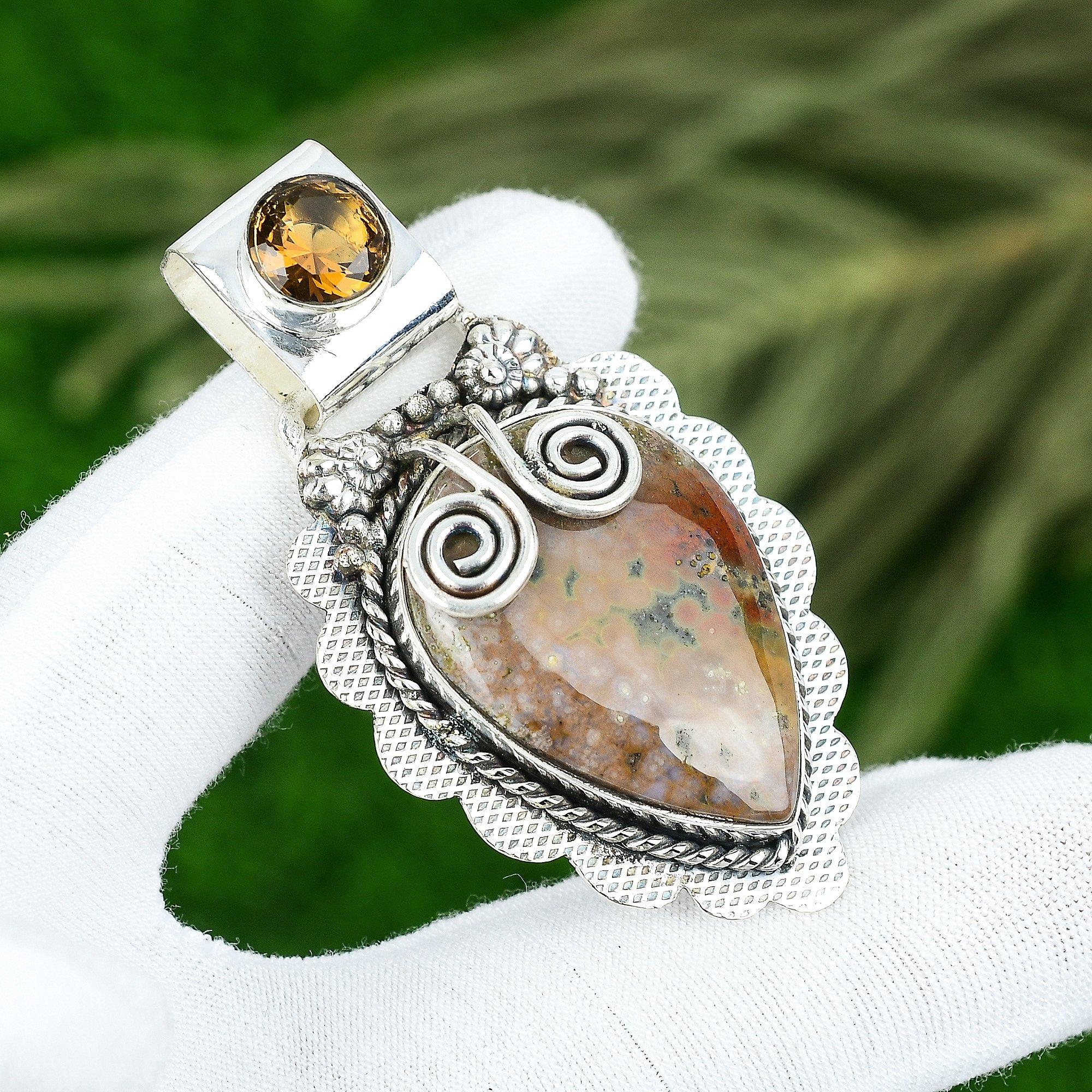 Wedding Gift For Her 925 Sterling Silver Natural Ocean Jasper Gemstone Pendant