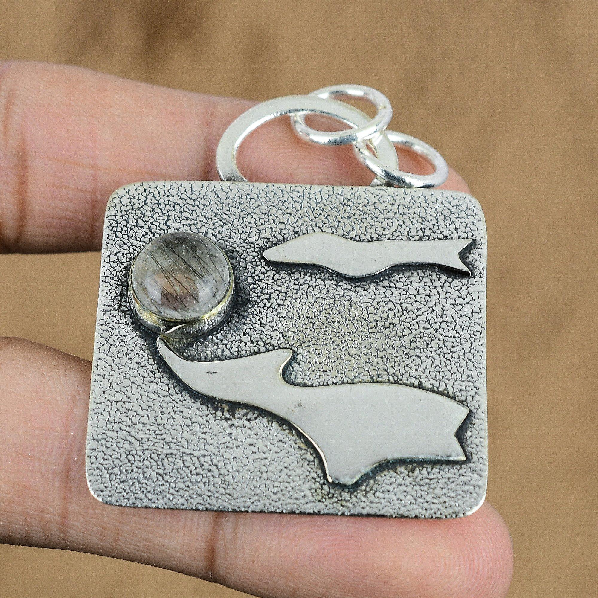 Birthday Gift For Her Natural Black Rutile Gemstone Pendant 925 Sterling Silver